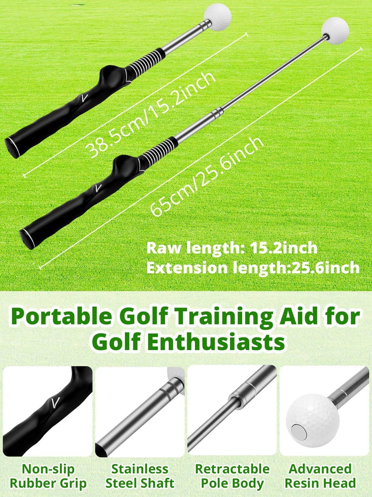Retractable Golf Swing Trainer with Arm Band - Click Stick Golf Training Aid, Right-Handed Golf Swing Practice Stick for Chipping & Hitting, Portable Indoor Outdoor Golf Practice Stick - 5