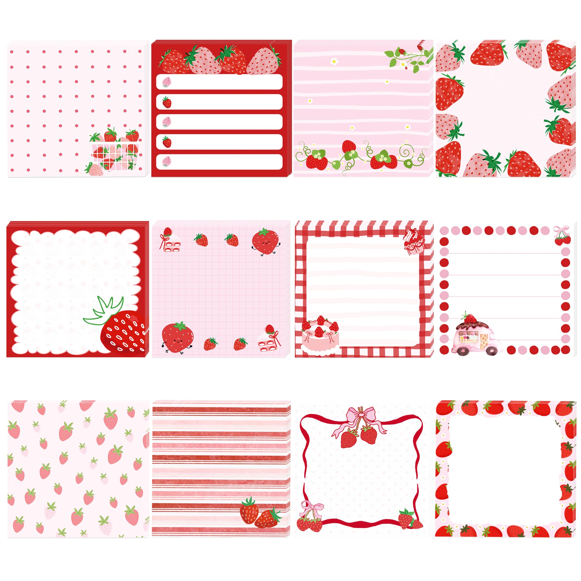 12 Pads Strawberry Sticky Notes Set,7.5x7.5cm Self-Stick Red Pink Strawberry Memo Pad Fruit Adhesive To Do List Notepads Daily Planner for School Office Supplies Birthday Christmas Girl Students Teach