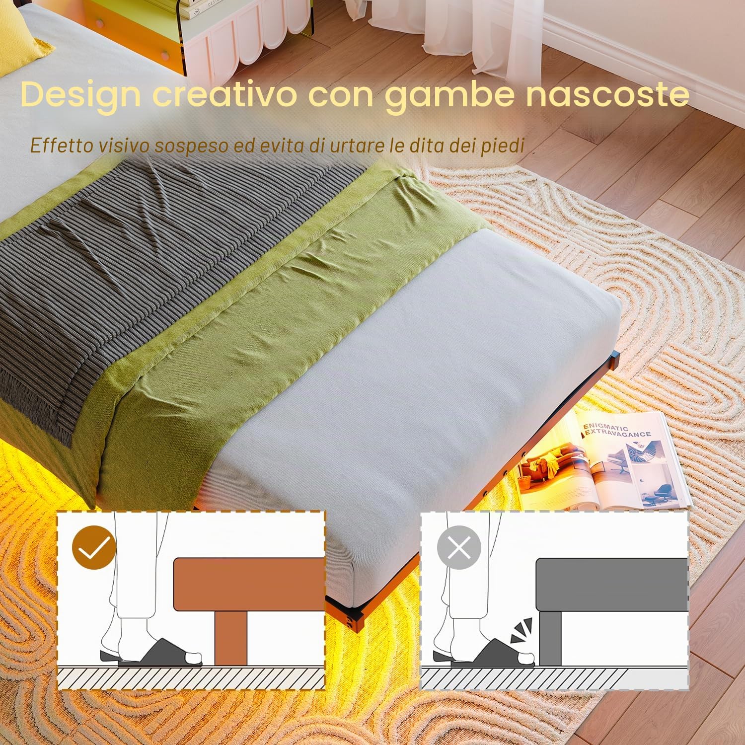 HOMERECOMMEND Letto 90 x 200 cm, effetto visivo galleggiante, telaio del letto con illuminazione a LED e stazione di ricarica, struttura per letto matrimoniale con testiera contenitore e rete a doghe