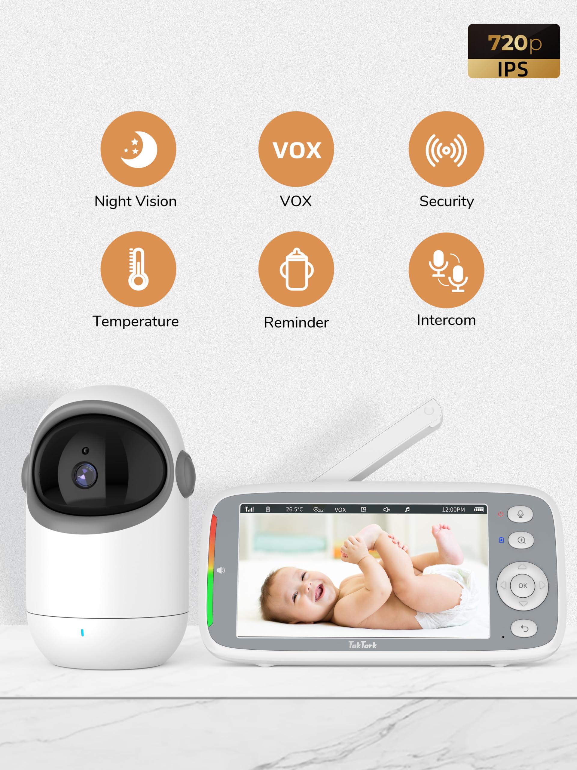 TakTark Camara Vigilancia Bebe, 5" IPS 720P Vigilabebes con Camara Rotación 300°, Vigila Bebes con Cámara Inalámbrico Monitor con Visión Nocturna, VOX, Comunicación Bidireccional, Sin WiFi Sin App
