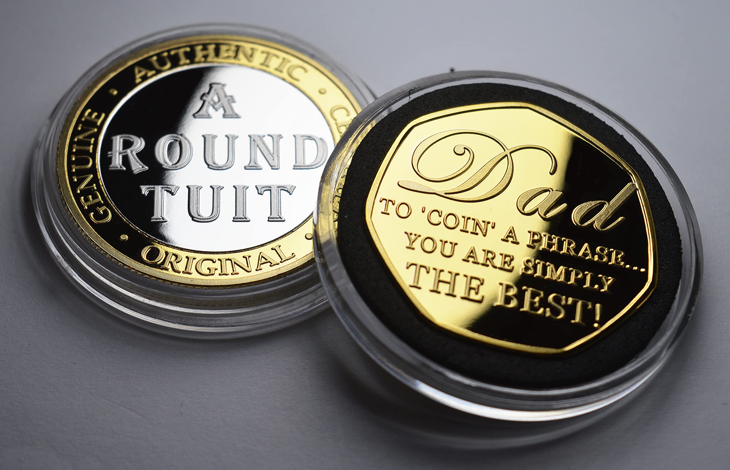 The Commemorative Coin Company HAPPY FATHER'S DAY 24ct Gold Commemorative & Extremely Rare ROUND TUIT. Gift/Present. Best Dad. From Son/Daughter. Silver and 24ct Gold. Capsules