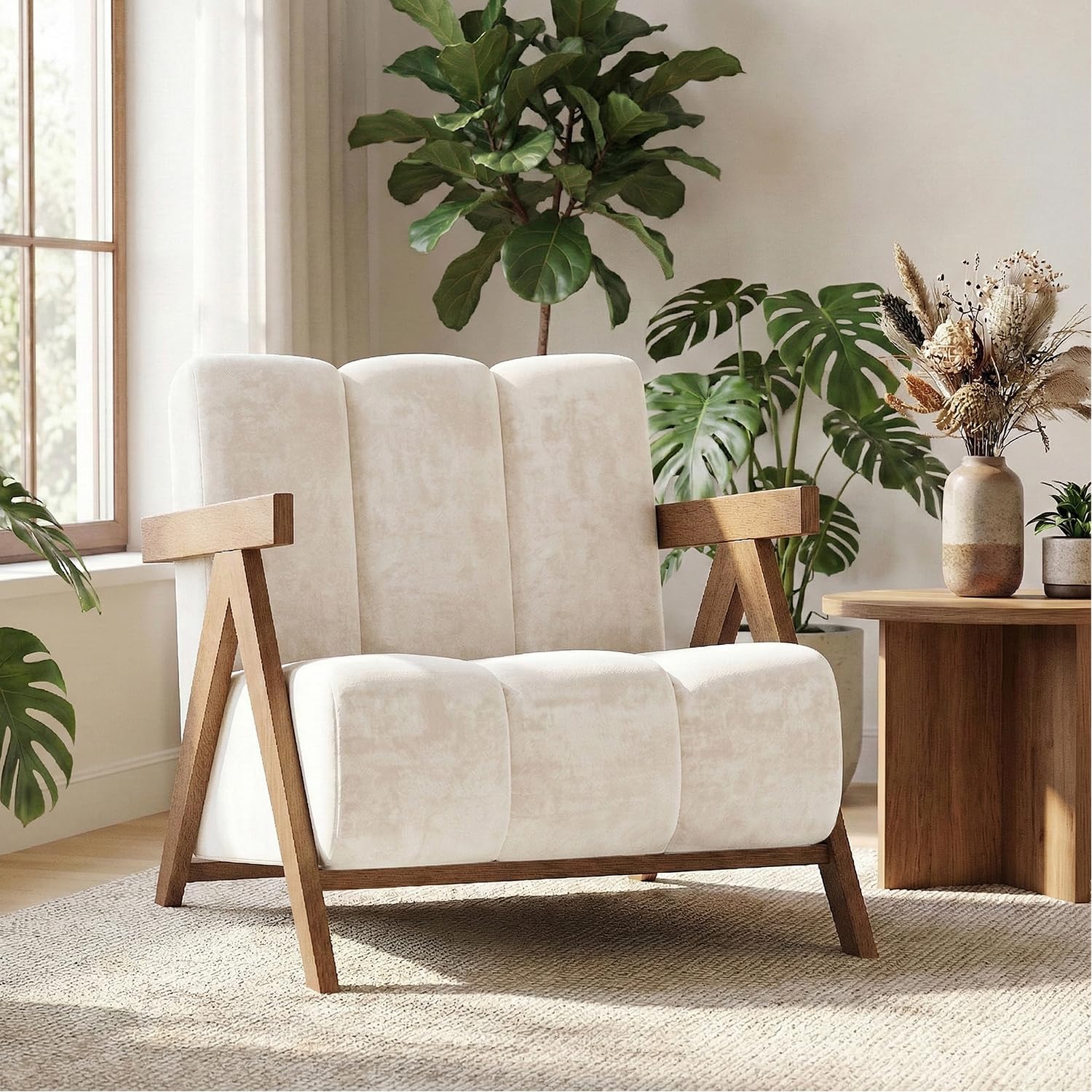 Modern Chenille Reading Chair with Wood Frame