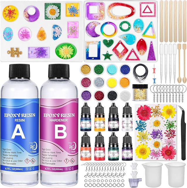 ZOPALY Epoxy Resin Kits for Beginners, 400ml Crystal Clear Resin, Resin Accessories with Resin Moulds, Dried Flowers, Resin Pigment, Glitter, Gold Leaf, Epoxy Resin Starter Kit for Jewelry Making