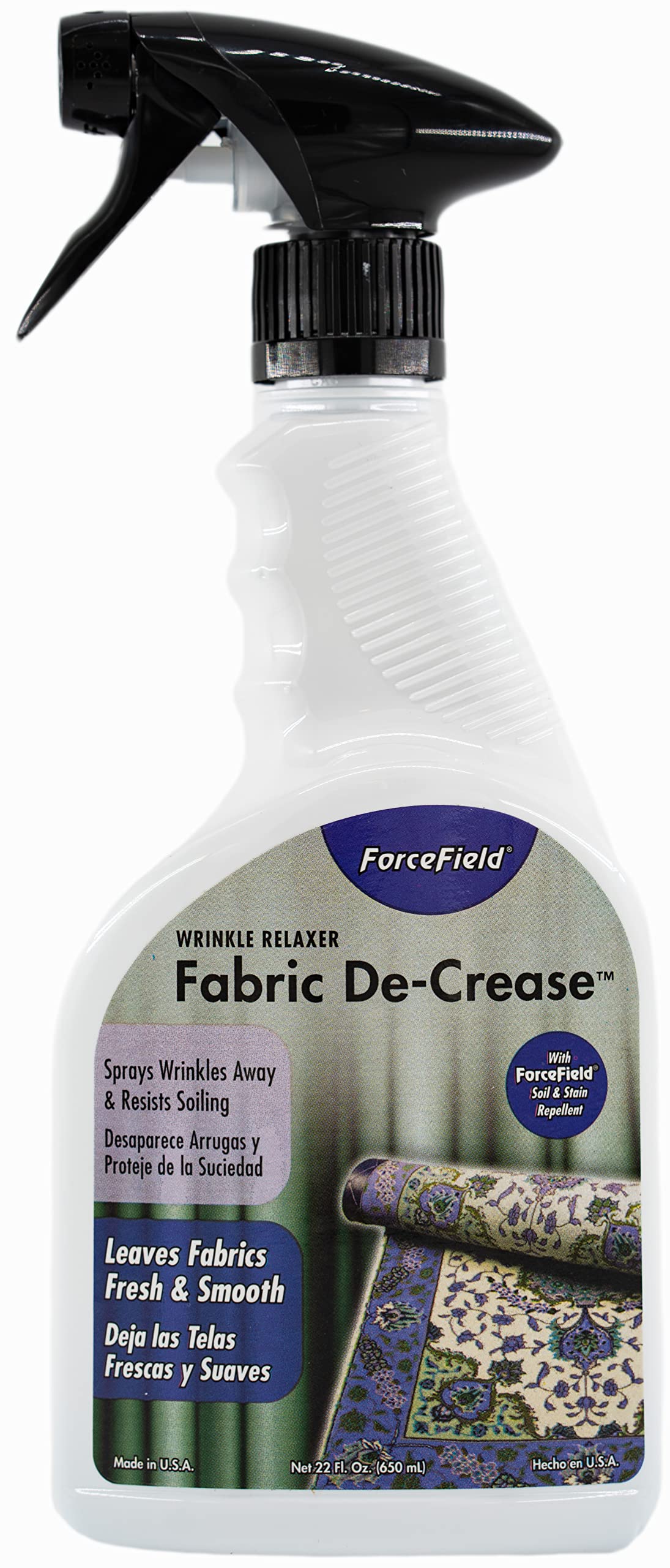 Fabric De-Crease Anti Static, Anti Soil & Anti Wrinkle Spray for Clothing, Linens, Drapery & More - 22oz