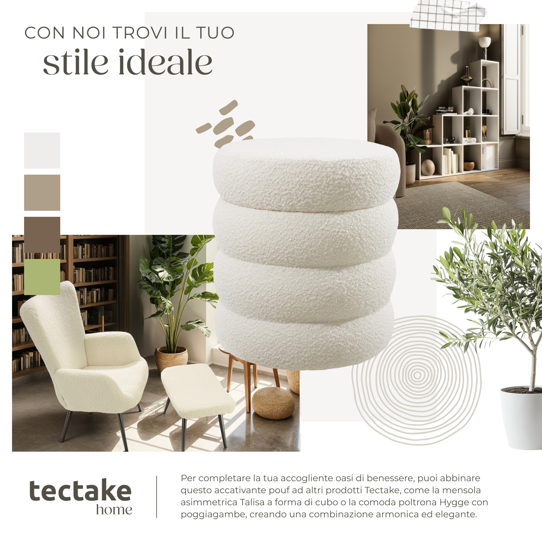 tectake® Pouf Contenitore, Ø 42 x 47 cm, Sgabello Imbottito con Rivestimento Bouclé, Pouf Stile Scandinavo per Camera da Letto e Salotto, Coperchio Rimobivile, Poggiapiedi - Bouclè Crema/Bianco