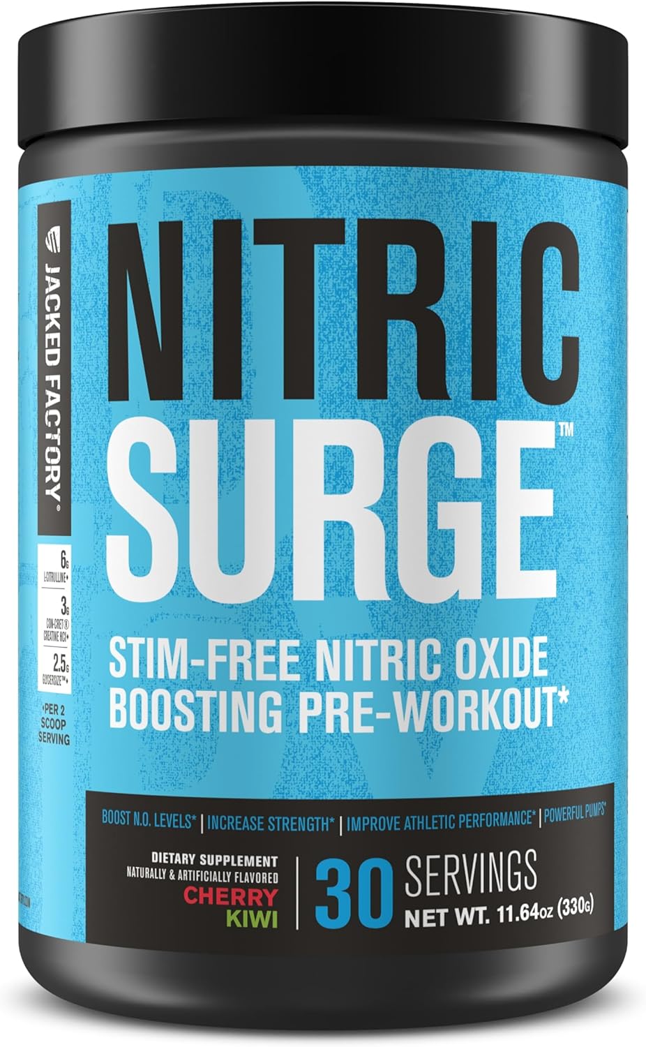 Jacked Factory Nitric Surge Stim Free Pre Workout Powder – Caffeine-Free Nitric Oxide Supplement w/Con-Cret Creatine, L Citrulline, & GlycerSize Glycerol – Cherry Kiwi, 30 Servings
