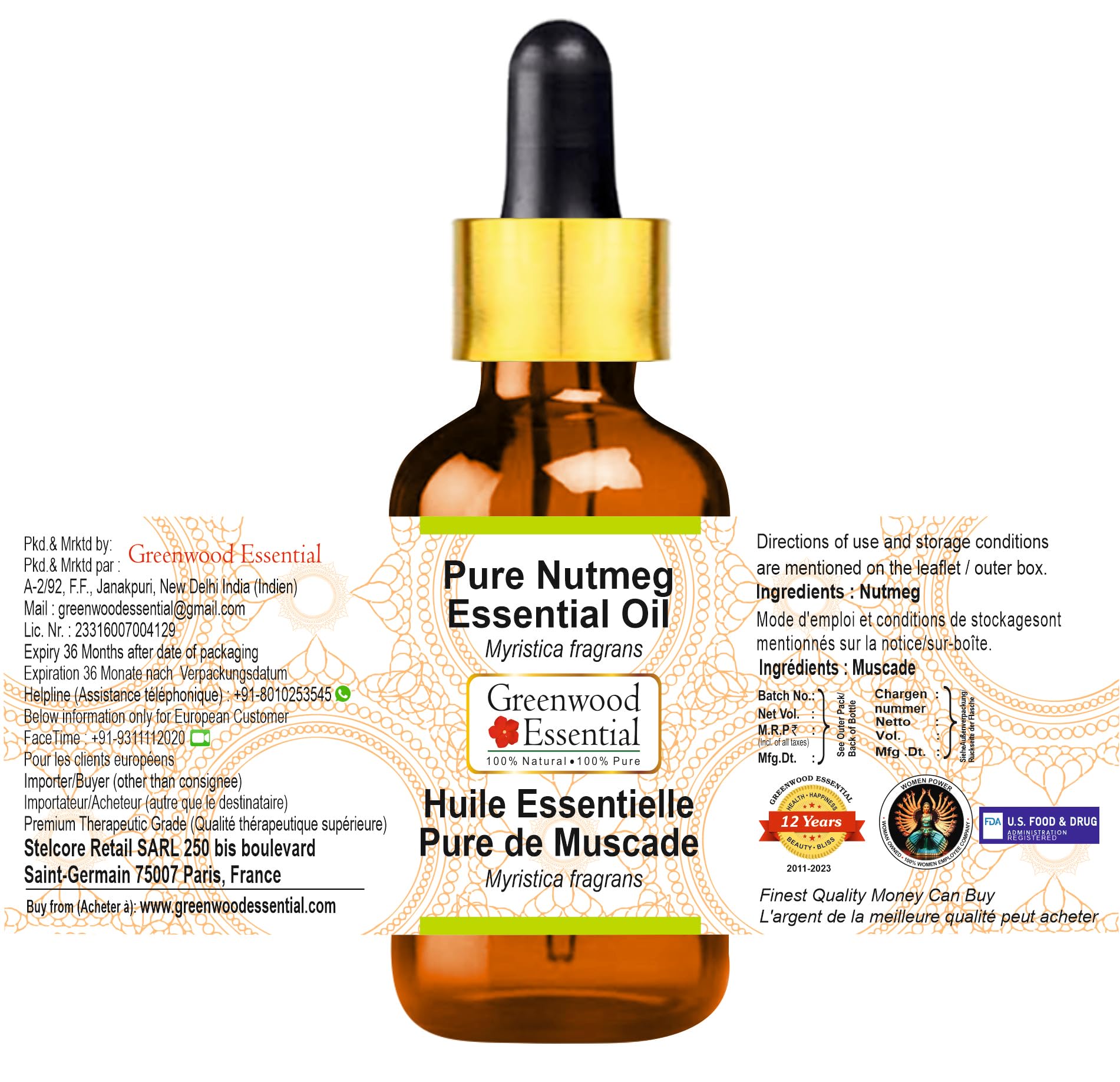Greenwood Essential Naturreine Muskatnuss ätherisches Öl (Myristica fragrans) mit Glas Tropfer Dampfdestilliert 100ml X 3 (10 oz)