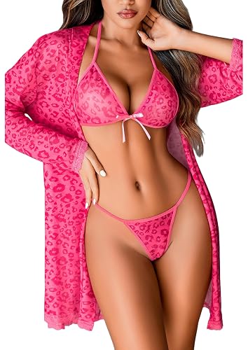 Avidlove Women Sexy Lingerie Set 3 Piece Mesh Kimono Robe with Bra and Panty Sheer Sleepwear - Rose Red Leopard - Medium