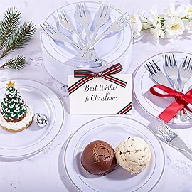 WELLIFE 240PCS Silver Plastic Dessert Plates - Includes 120PCS Silver Forks, 120PCS 6.3 Inch Salad & Appetizer Plates - Perfect for Weddings & Parties