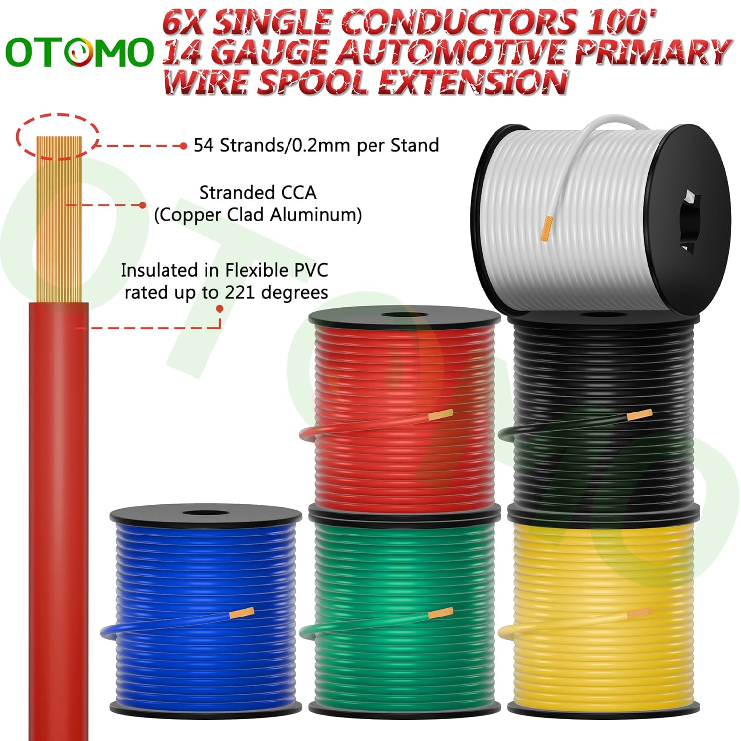 6 Rolls 100FT 14 Gauge CCA Automotive Primary Wire Single Conductor SAE J1128 Hook Up Electrical Wire Trailer Spool for Low Volts Towing Trailer RV Camper-White/Black/Yellow/Green/Blue/Red