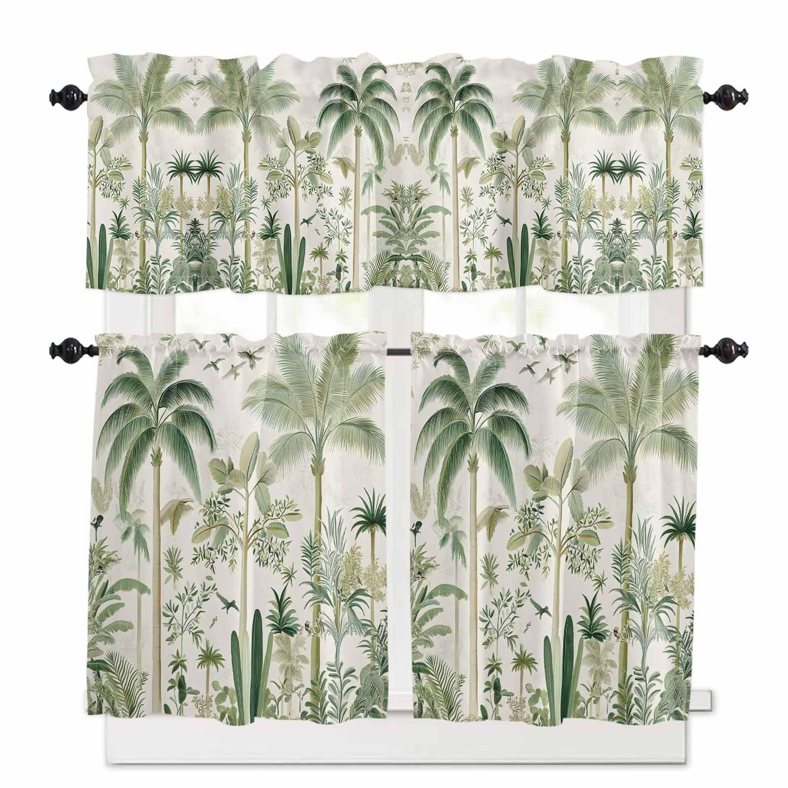 Green Palm Tree Kitchen Curtains 24 Inch Length, 3 Piece Rod Pocket Small Half Tiers and Valance Set, Summer Beach Cactus Small Large Window Treatment Decor for Bedroom/Bathroom Sink