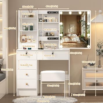 Dressing Table Set with Sliding Mirror, 10 Light Bulbs, Makeup Vanity Table with Lockable Drawers and 6 Shleves, Vanity Desk for Girls and Women, White