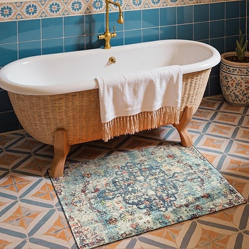 Miniatura 357 de Lahome Alfombra bohemia con medallón floral de 3 x 5 pies, suave, impresa, para baño, cocina, entrada, vestíbulo, vintage, antideslizante, lavable