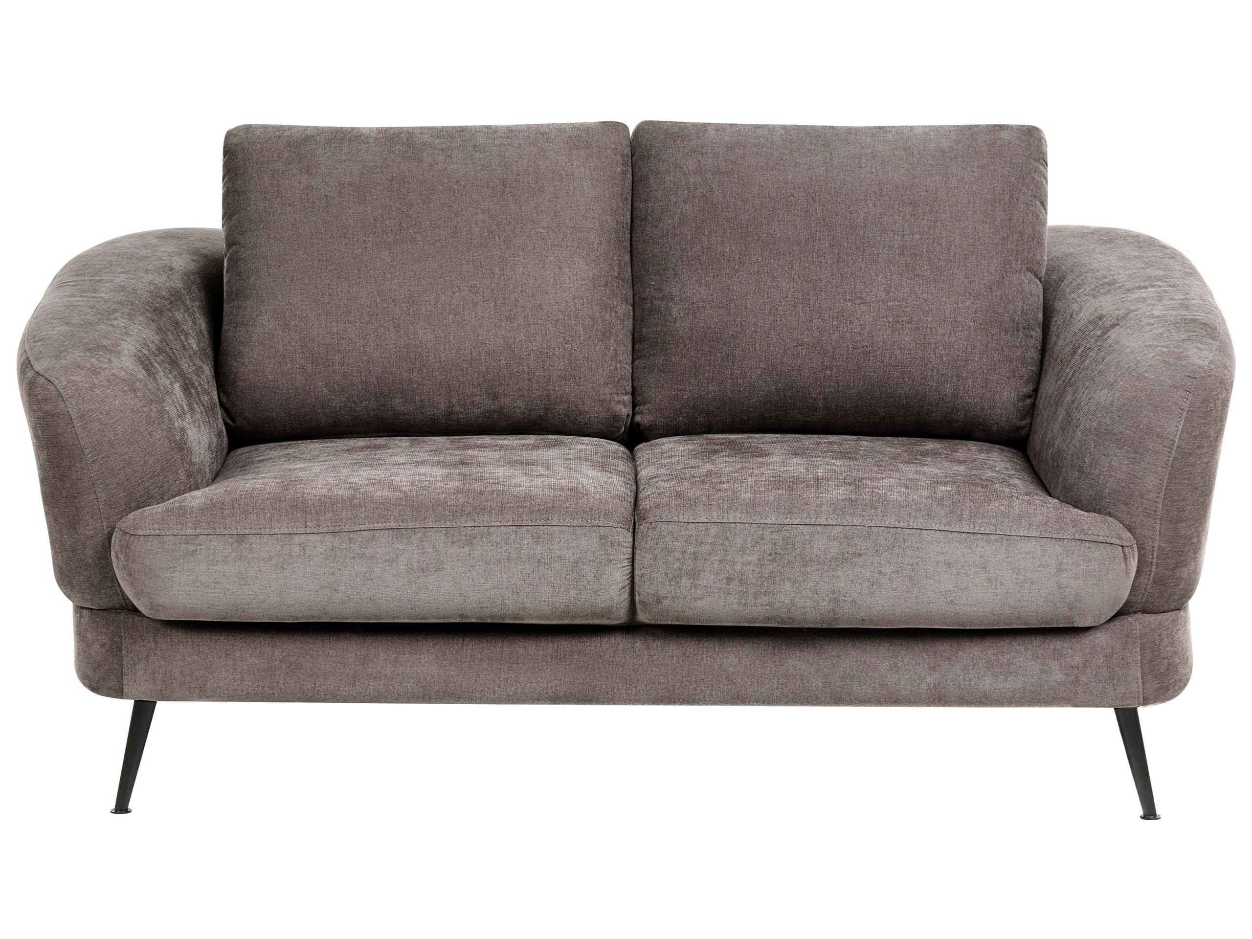 Tapicerowana sofa 2-osobowa szenila z podłokietnikami czarne żelazne nogi do salonu szarobeżowa Kjaer