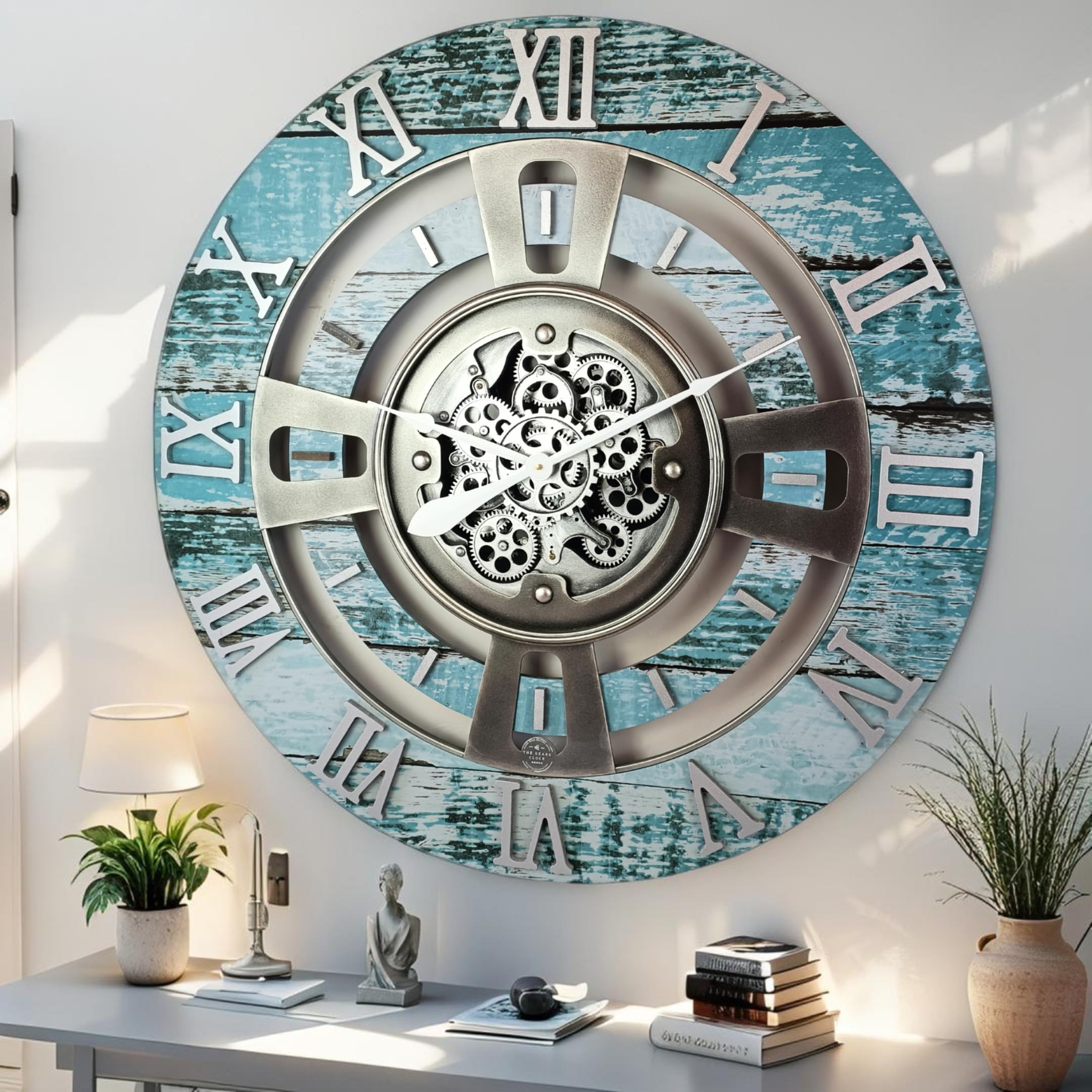 ImprovingLife The Gears Clock Real Moving Gear Wall Clock England Line (Aqua Green, 24 inches (60 cm))
