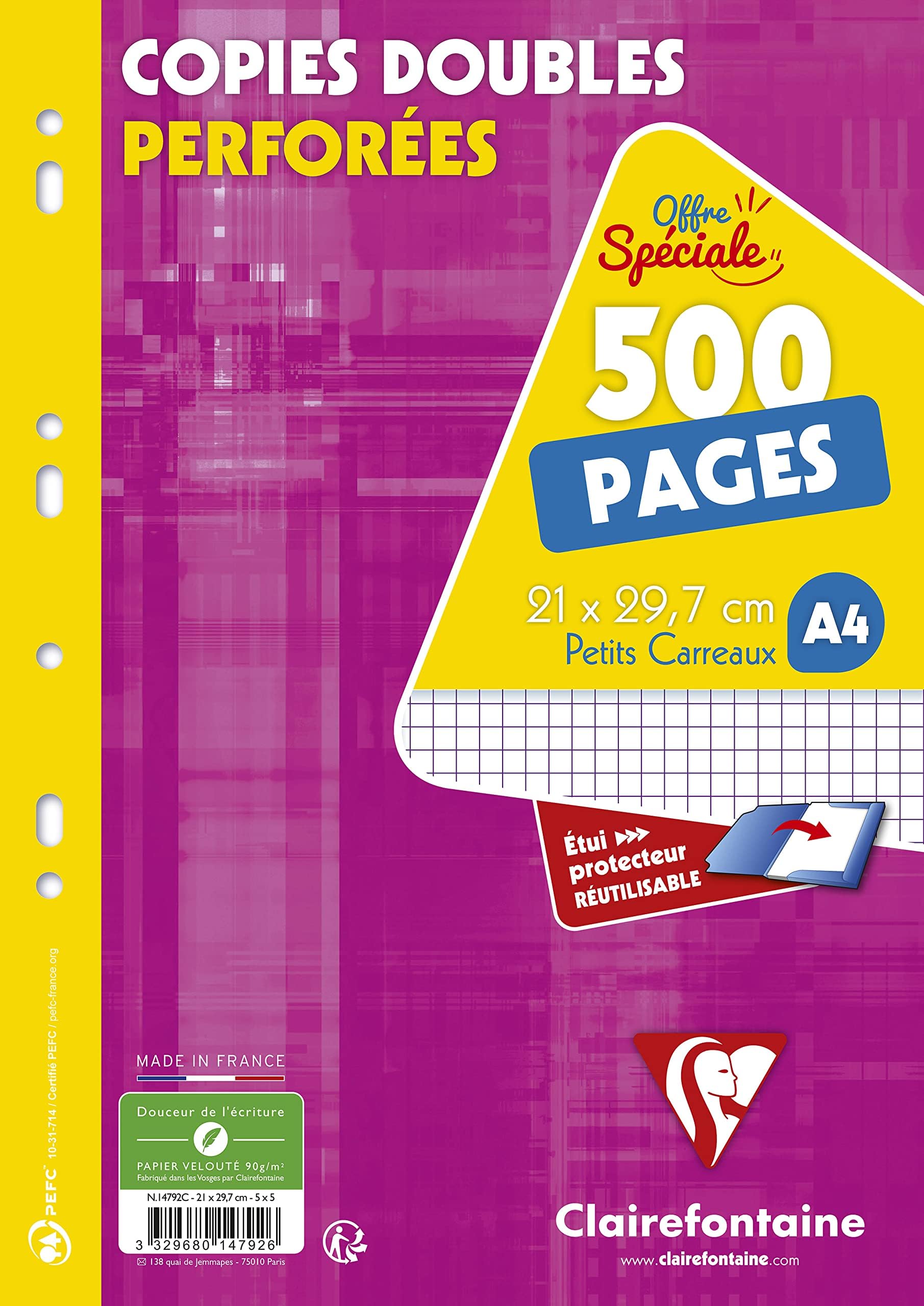 Clairefontaine - Ref 14792C - Perforated Double Copies Sheets (Box of 500 Pages) - A4 (210 x 297mm) in Size, 90gsm Vellum Paper, Small Squared Rulings, PEFC-Certfied