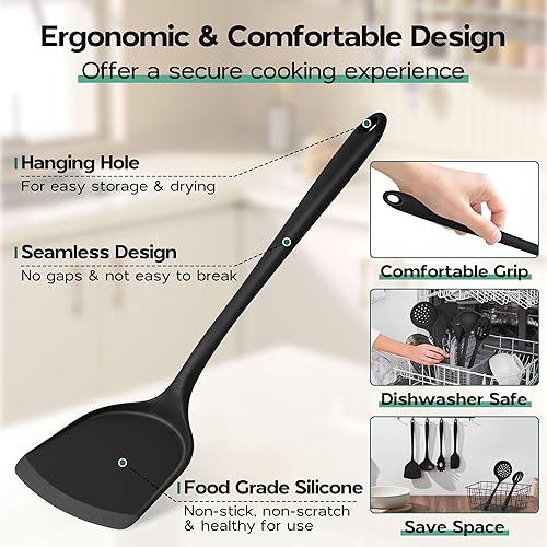 Miniatura 5 de Onader Juego de 6 utensilios de cocina de silicona negra para utensilios de cocina antiadherentes, no tóxicos y aptos para lavavajillas