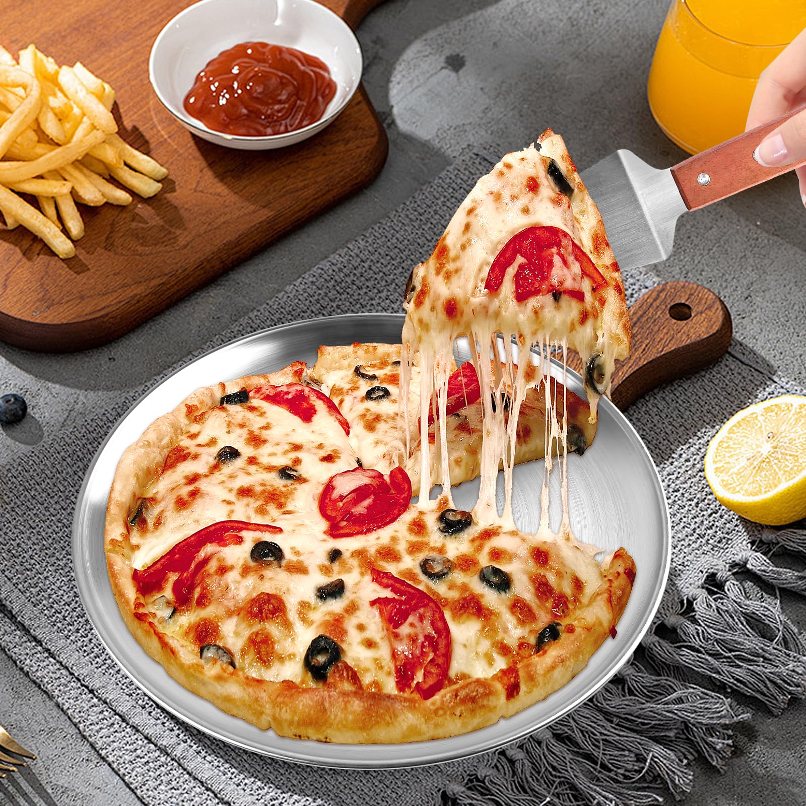 Milkary 8Pcs 12 Inch Pizza Pan, Stainless Steel Pizza Serving Tray with 4pcs Pizza Spatula, Round Non-Stick Coating Pizza Plate for Baking Cake Pie Serving Tableware Kitchen Home Restaurant