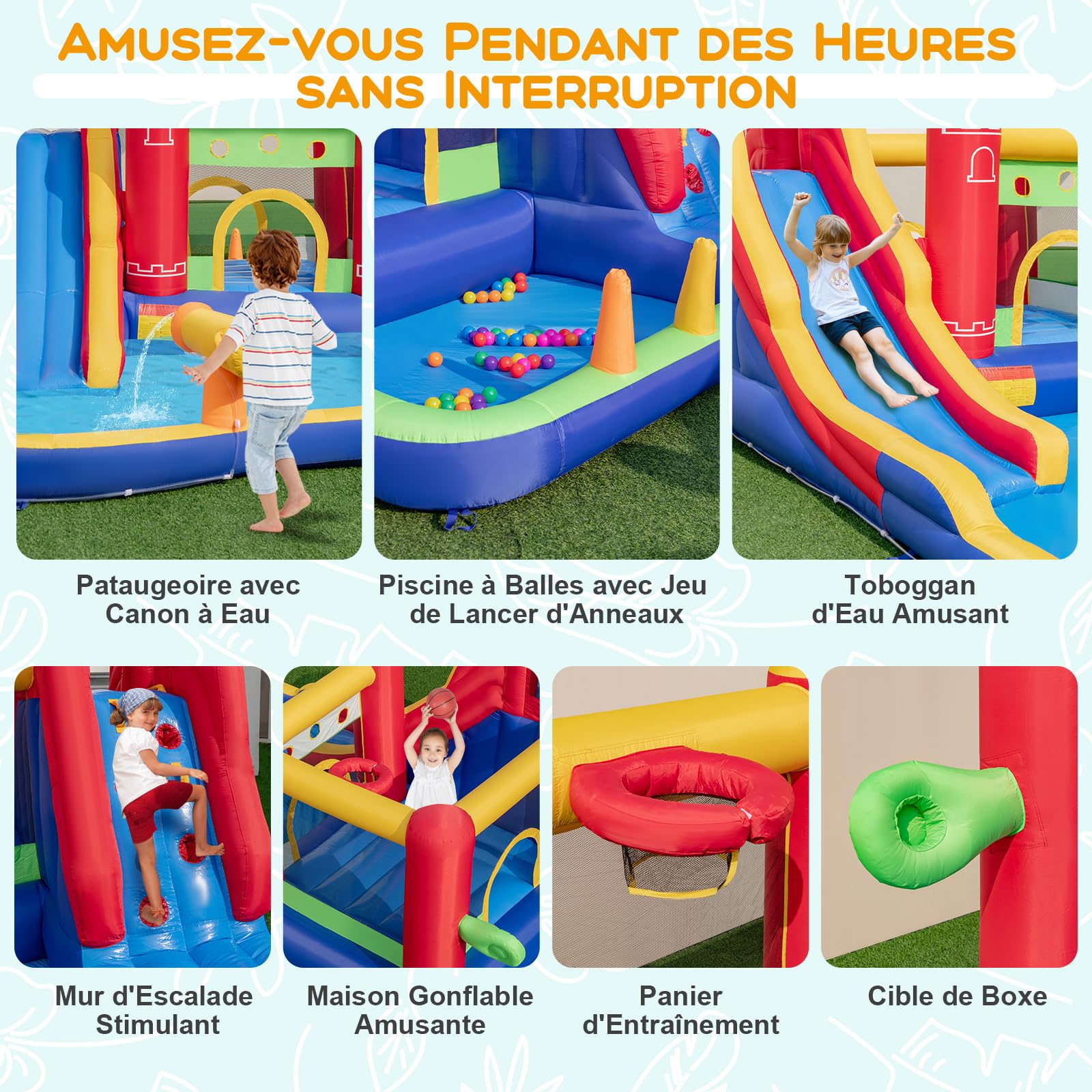 9 En 1 Château Gonflable Avec Toboggan Et Souffleur 680w Et Mur D'escalade,624 X 270 X 235 Cm