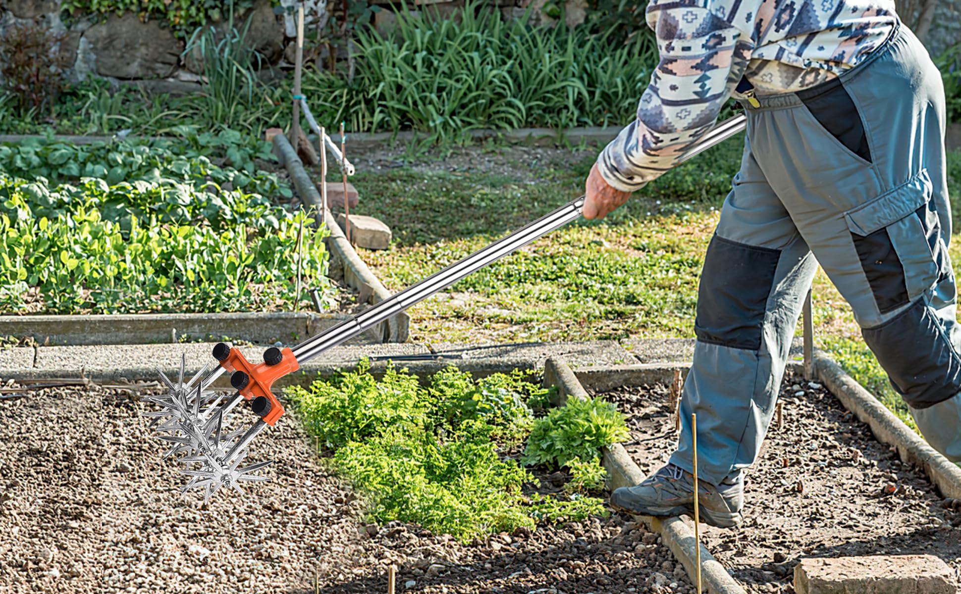 BARAYSTUS Rotary Cultivator Garden Rotary Tiller regulowany drążek ze stali nierdzewnej do mieszania gleby lub reseedingu trawy, całkowita długość 145 cm.