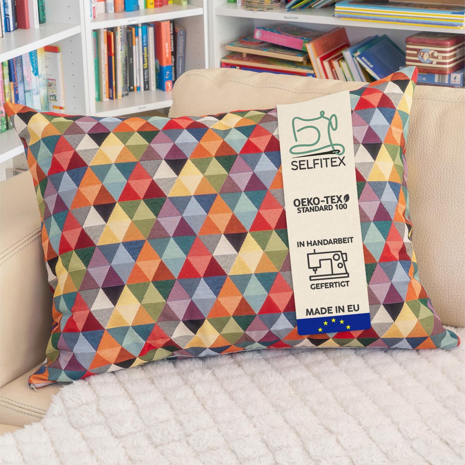 Selfitex Buntes Couchkissen XXL 60x80 cm, Sofakissen mit Füllung und Bezug, kuschelweiches Lesekissen, dekoratives Fernsehkissen, Deko- und Kopfkissen, Rückenkissen (Dreieck)