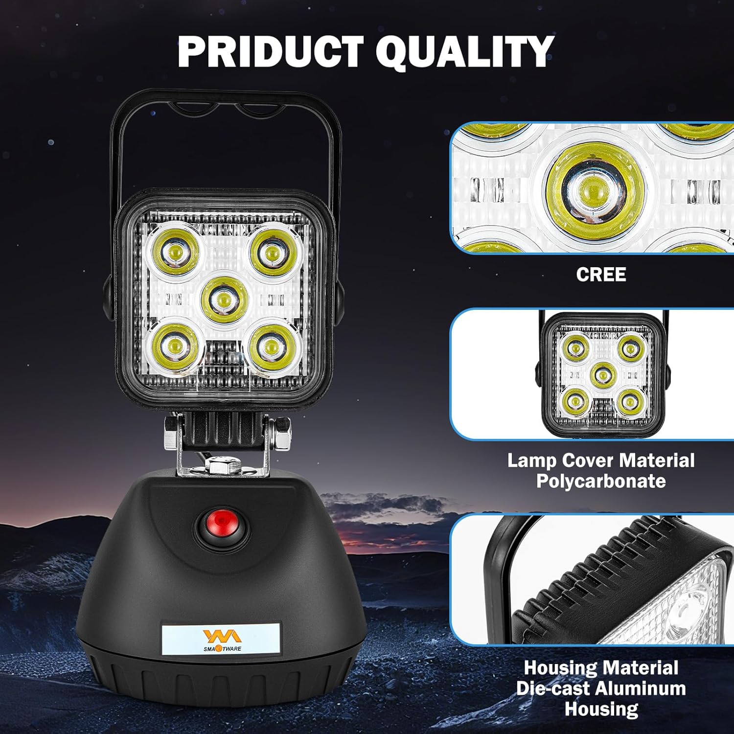 15W LED Work Light Base Strong Magnet Aluminum Alloy 2000LM IP65 Waterproof Dustproof Portable Handle Floodlight Suitable for Repair Shop Garage Construction Site (White Light)