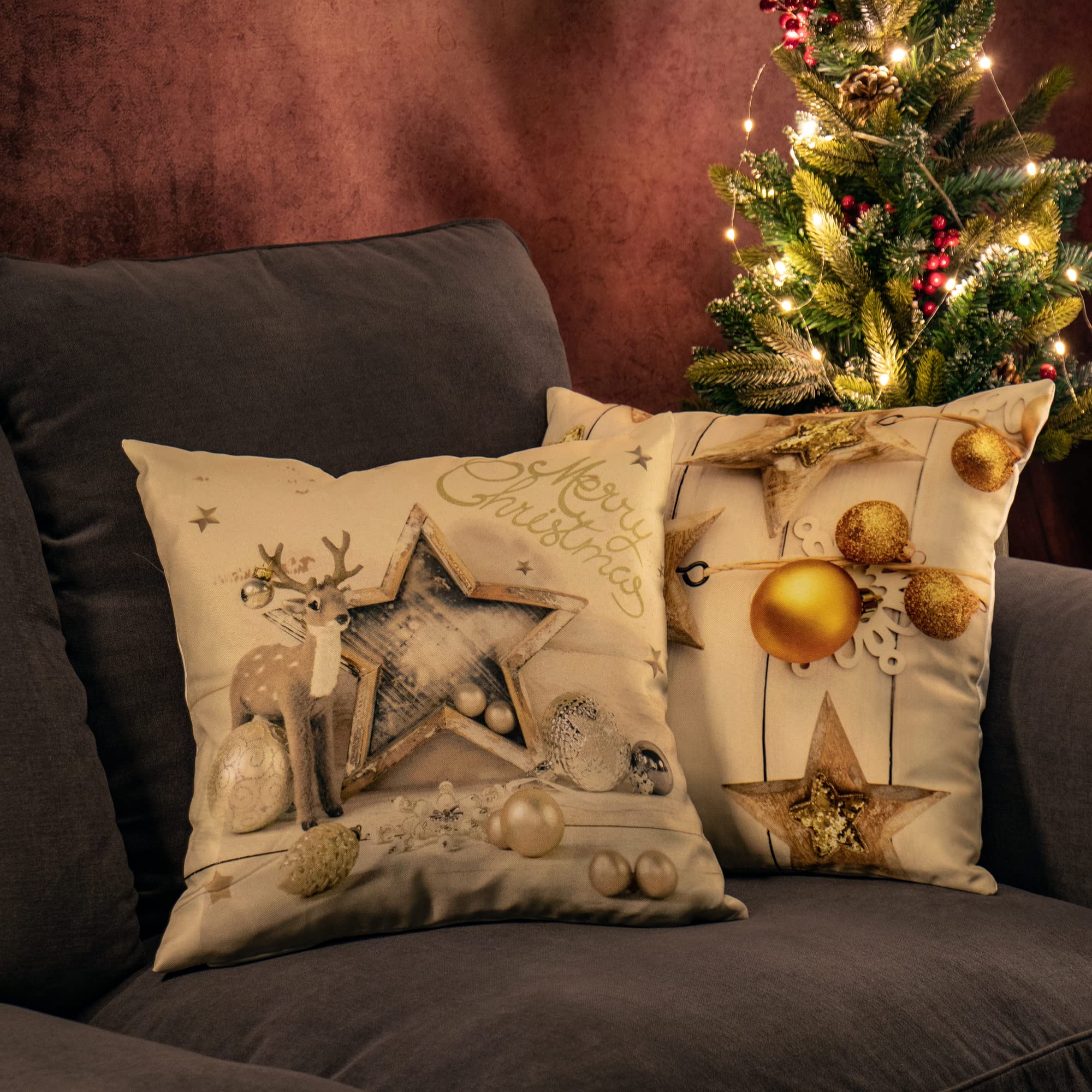 Com-four Weihnachts-Kissenbezüge 40x40 Cm - Set Mit 2 Motiven (Weihnachtsmann & Schneemann)