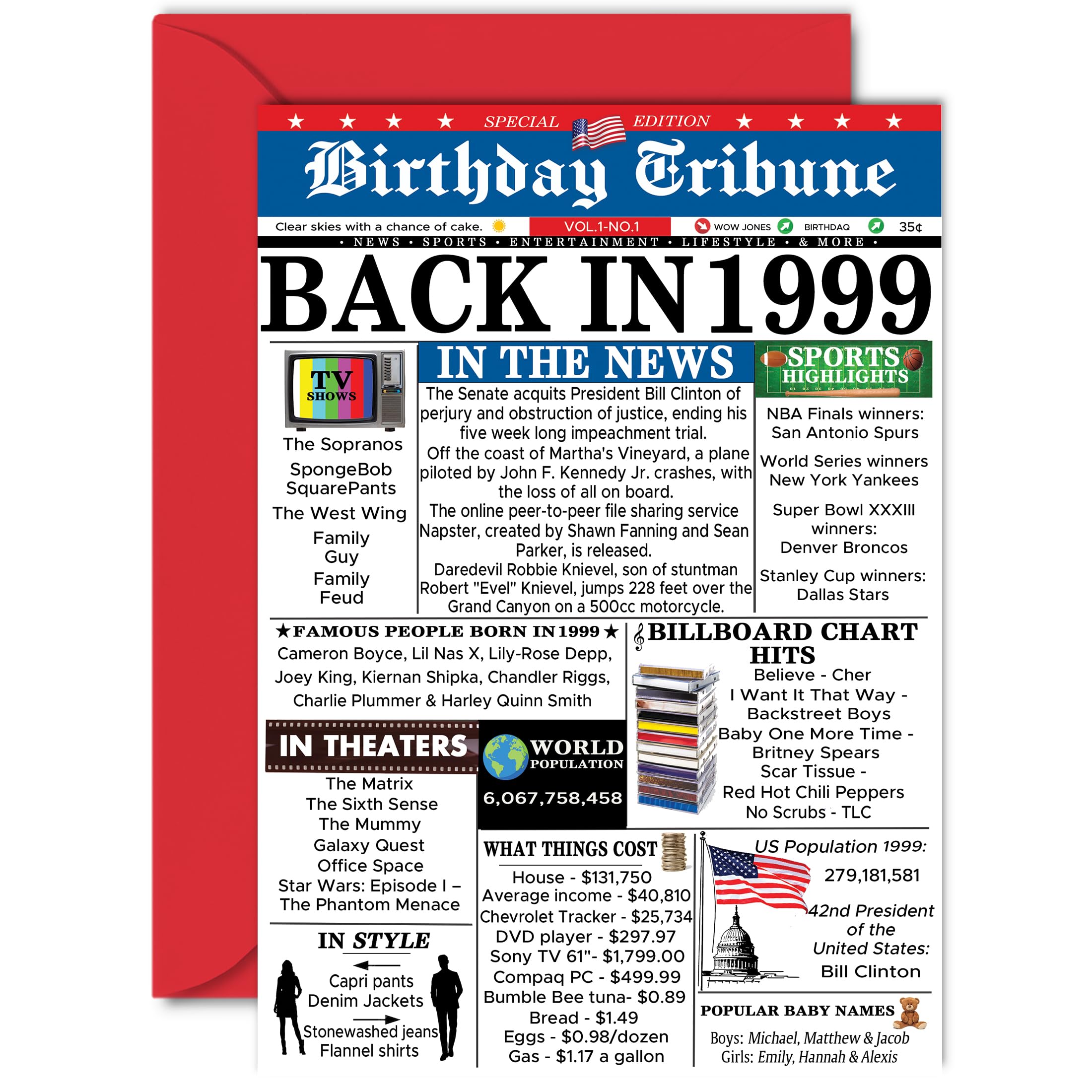 26th Birthday Cards for Men Women - Back In 1999 Newspaper - 26 Happy Birthday Decorations Card for Her Him Son Daughter Brother Sister Vintage Retro Born In 1999, A5 Bday Husband Anniversary Cards