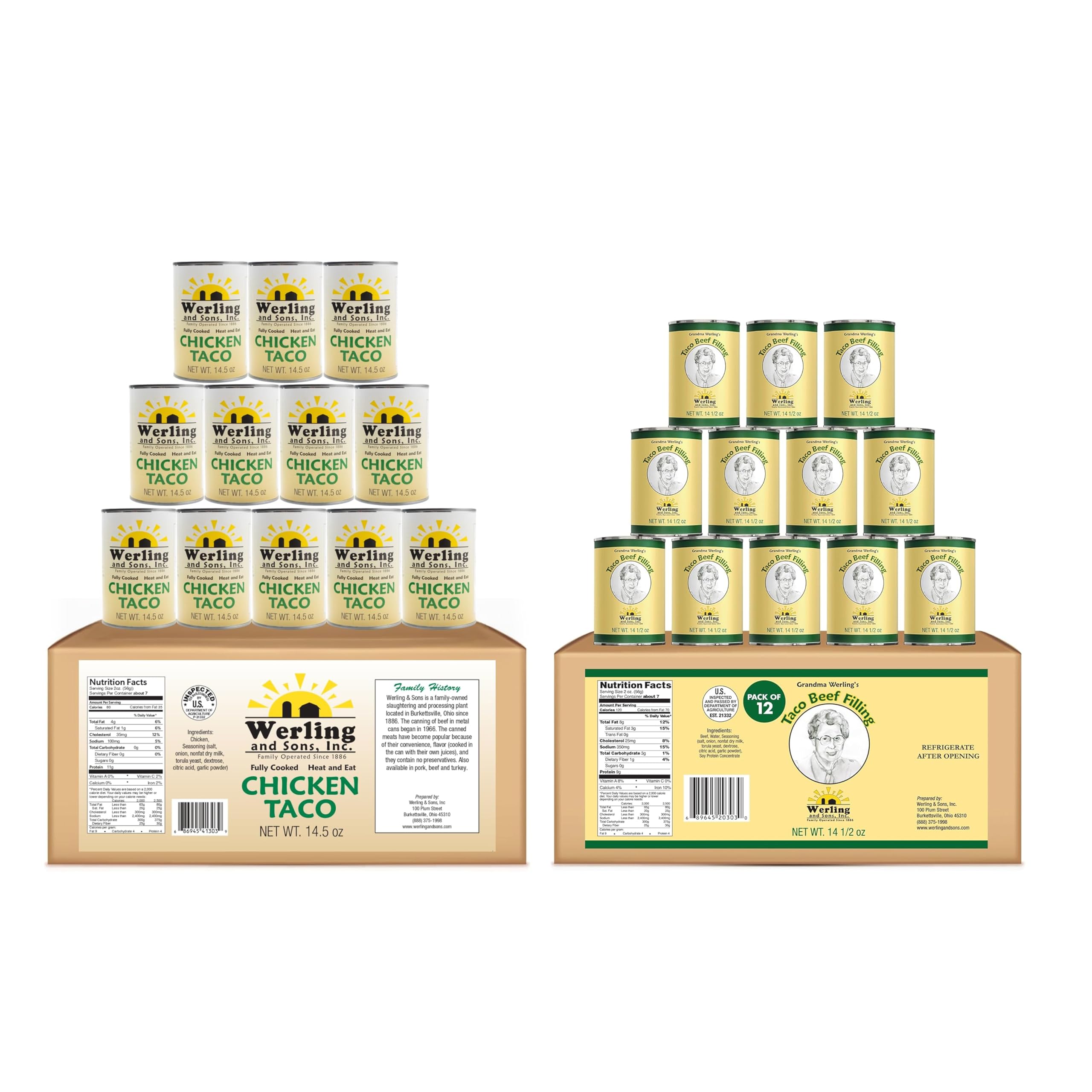 Werling Chicken Taco & Taco Beef Filling Variety Pack – 24 Total Cans, 12 Cans Each, 14.5 oz Fully Cooked Heat & Serve Canned Meat for Tacos, Quick Meals & Pantry Storage