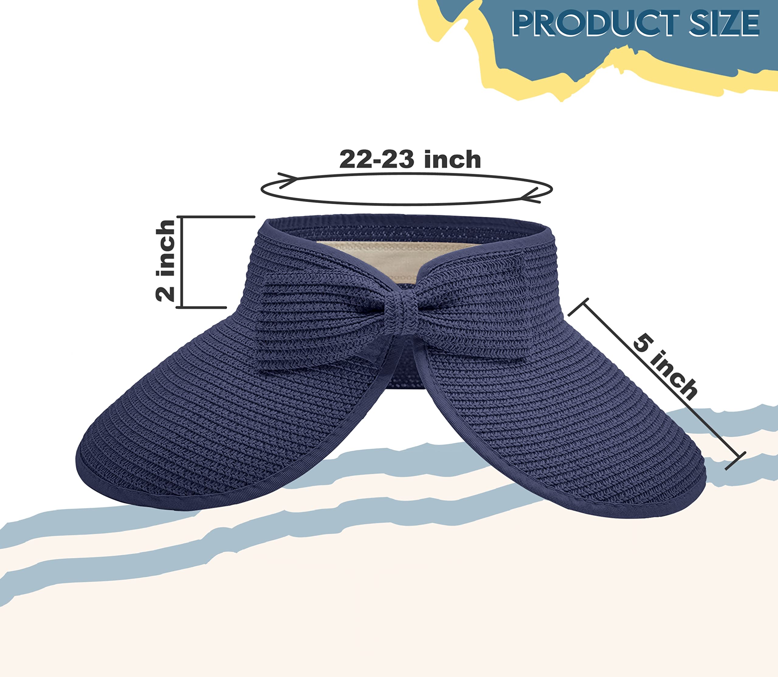 Visera solar de paja para mujer, ala ancha, protección UPF 50+, sombrero de playa, ajustable, plegable, gorra de cola de caballo con correa para la barbilla, marino, Talla única 6