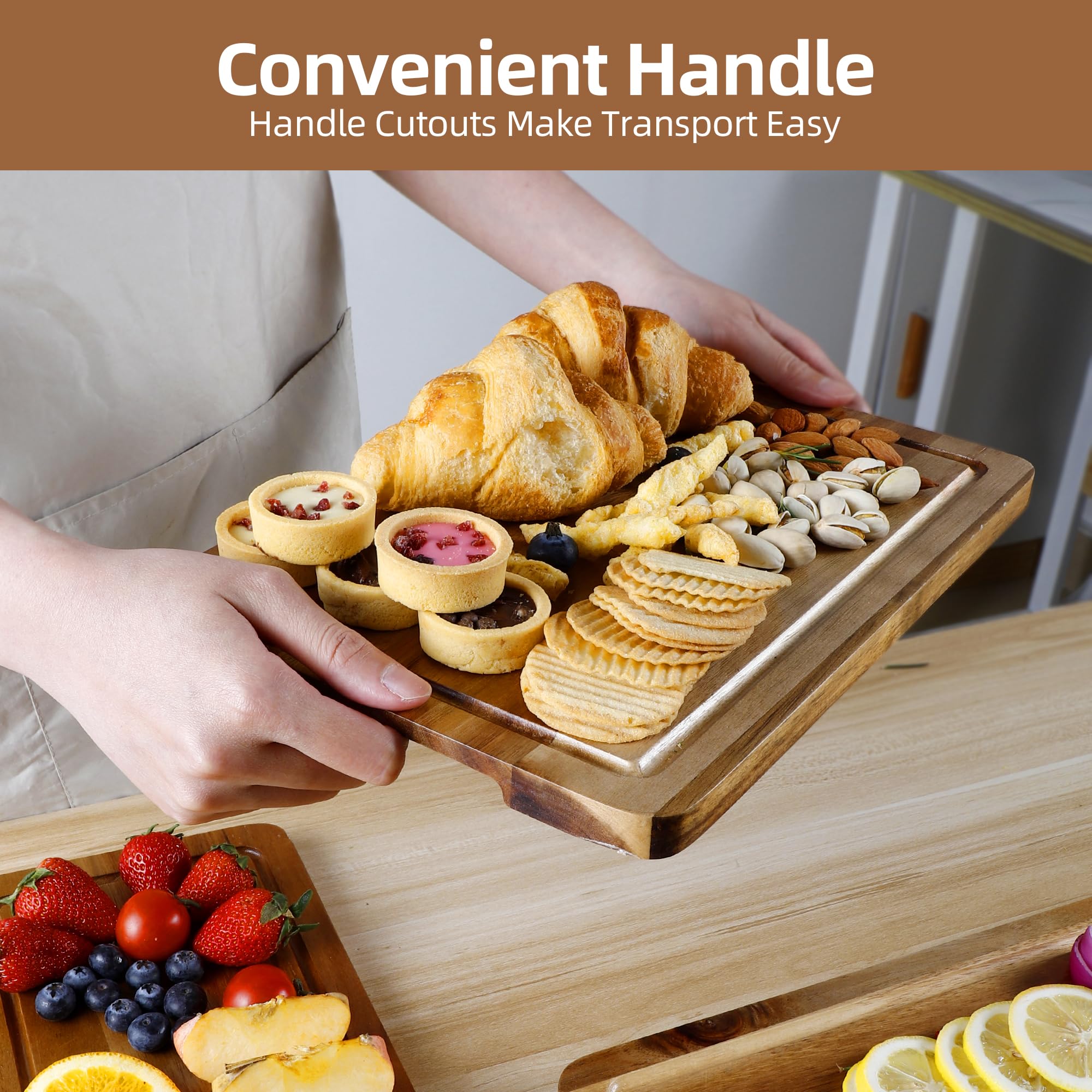 Set de 4 Tablas de Cortar, Tablas de Cortar de Madera de acacia, con Soporte y Símbolos de Alimentos, Ideal para Carne, Verduras, Frutas y Queso