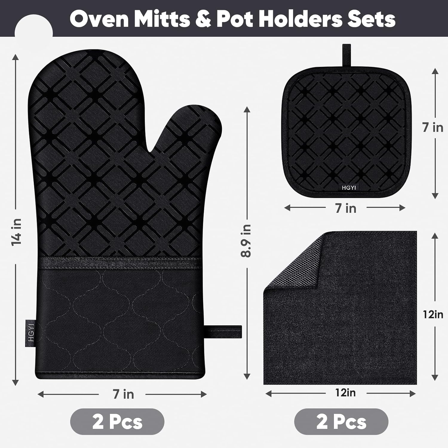 Oven Mitts and Pot Holders Set with Dishcloths, 500 Degree Heat Resistant Oven Gloves and Hot Pads, Premium Soft Cotton Kitchen Mittens and Dish Cloth Sets-Black - Image 2