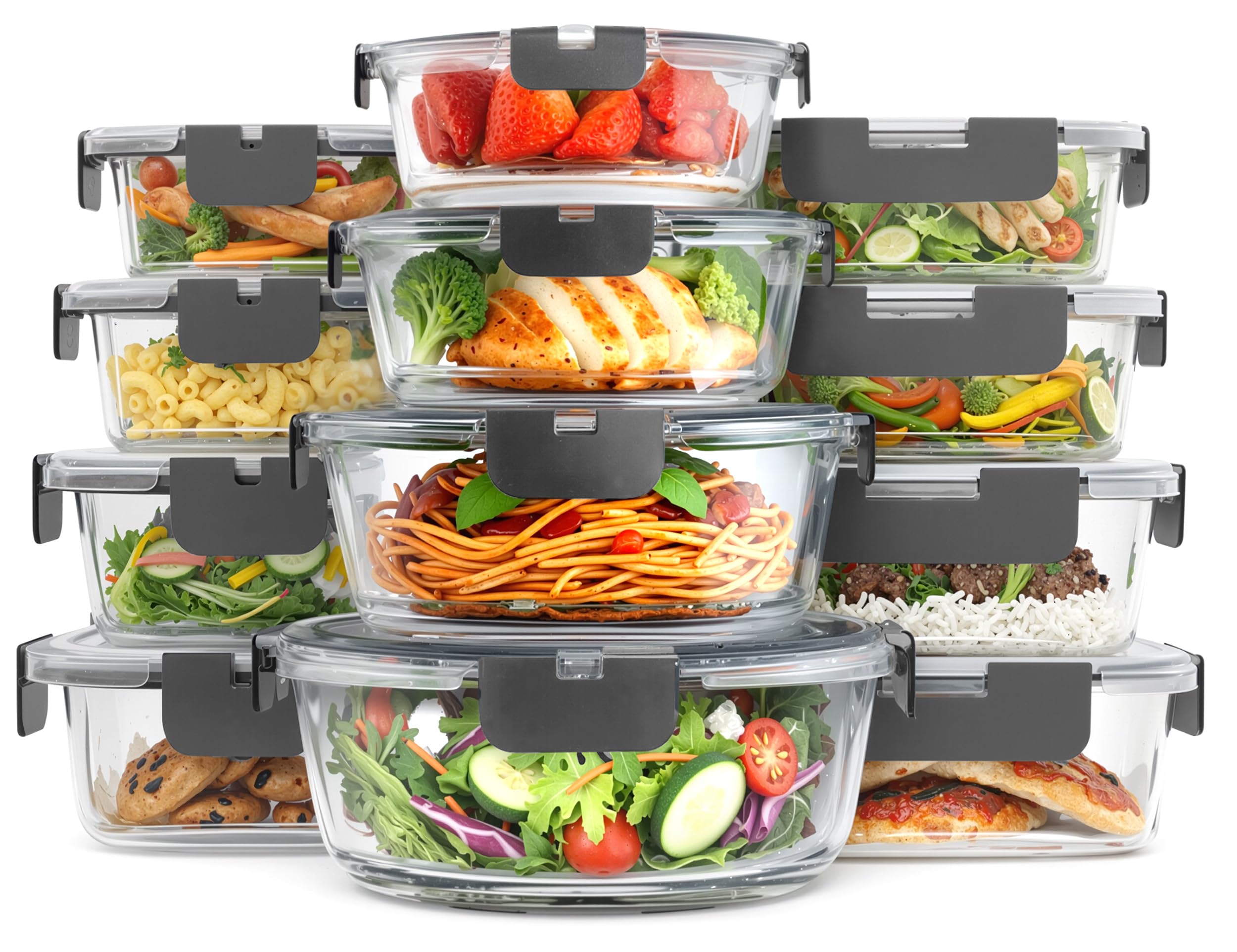 KICHLY Glass Food Storage Containers with Lids 24 Pack, Airtight Leakproof Containers, Borosilicate Glass Lunch Boxes for Microwave, Oven, Freezer & Dishwasher Safe 12 Containers12 Lids Grey