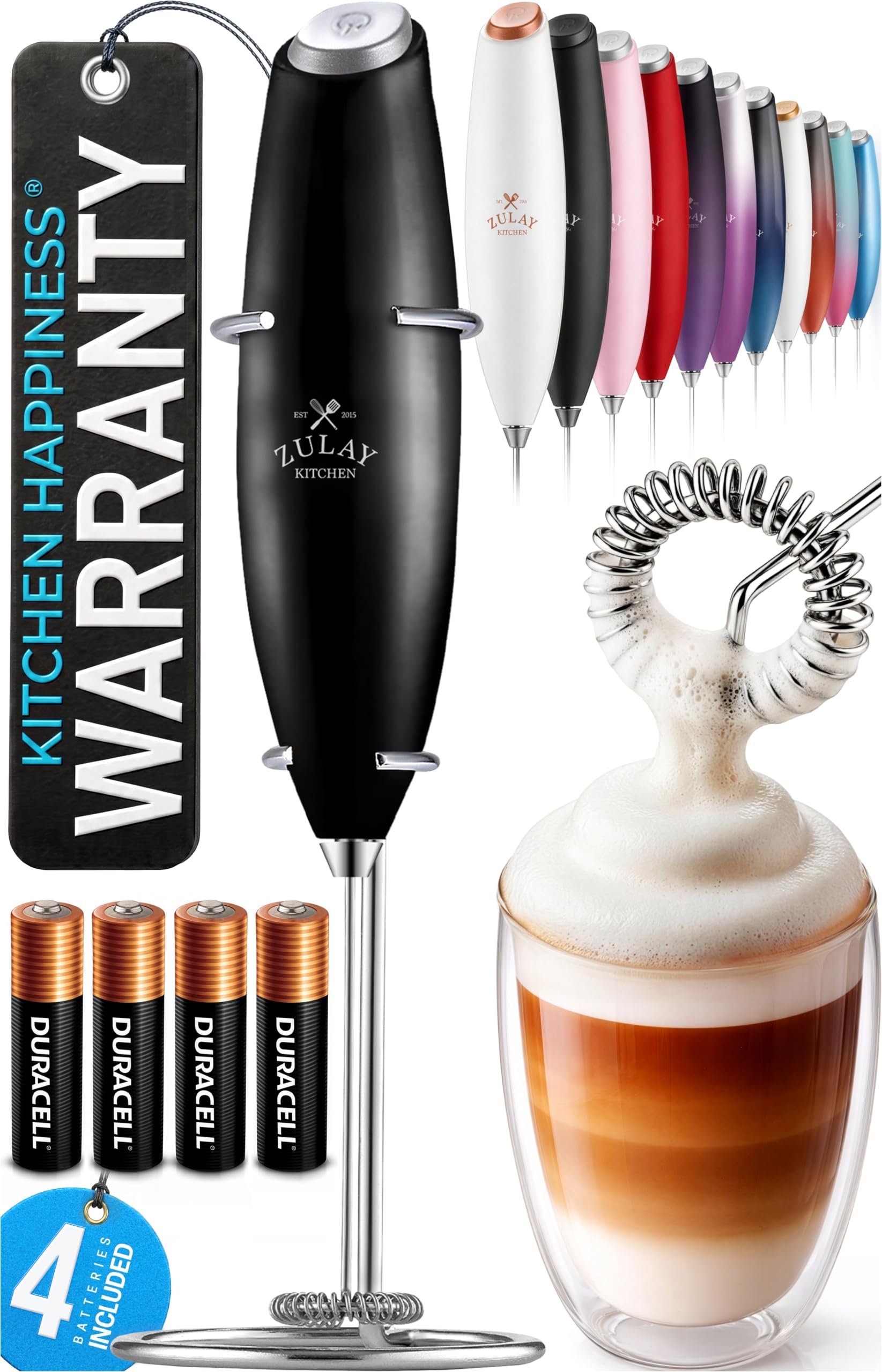 Zulay Kitchen Powerful Milk Frother Wand With Duracell Batteries - Ultra Fast Handheld Drink Mixer - Electric Whisk Foam Maker for Coffee, Lattes, Cappuccino &amp; Matcha - Z1 Motor - Metallic Black