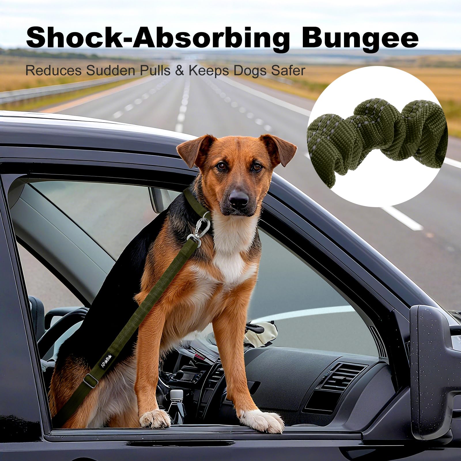 APakBak Dog Seat Belt for Car, Adjustable Dog Car Harness Seatbelt for Small Medium Large Dogs, Heavy Duty Travel Safety Restraint with Locking Aluminum Hook & Reflective Nylon Strap, Ranger Green - image 3