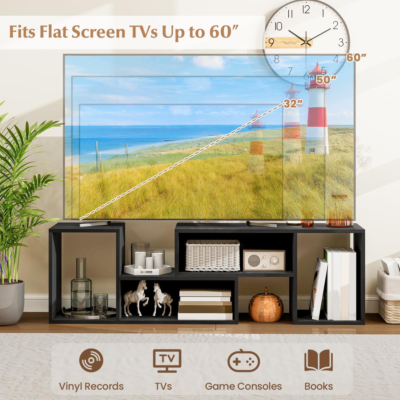KOMFOTTEU Mobile TV Soggiorno Liberamente Combinabile da 2 Pezzi, Mobiletto TV Multifunzione per TV fino a 60”, Mobile Porta TV in Legno con Vani Aperti e Chiusi, per Camera da Letto (Nero)