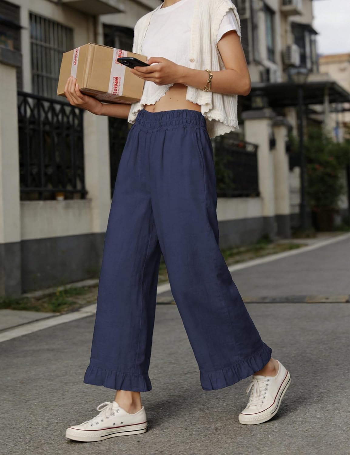 Women's Wide Leg Pants High Waist Ruffle Hem Casual Loose Cropped Trousers Solid Color Lightweight Daily Lounge