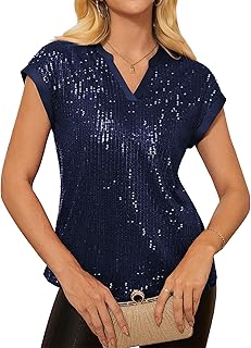 Women's Sequin Sparkly Tops Cap Sleeve Dressy Blouses Glitter Party Tops V Neck Disco Shirts Club Concert Outfits