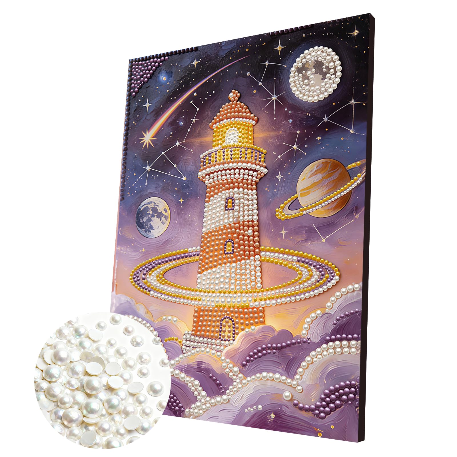 DIY Pearl Painting Kit with Wooden Frame, 3D Plastic Pearl Gemstone Ocean Art Craft for Adults Beginners, Diamond Dot Painting, Home Wall Decor Ready Gift for Women(Lighthouse)(30 * 40cm)