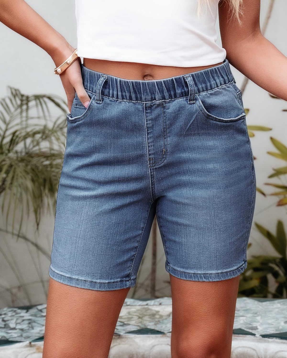 luvamia Jean Shorts for Women Trendy Pull On Mid Rise Elastic Waist Summer Casual Stretchy Long Denim Walking Shorts - Image 6