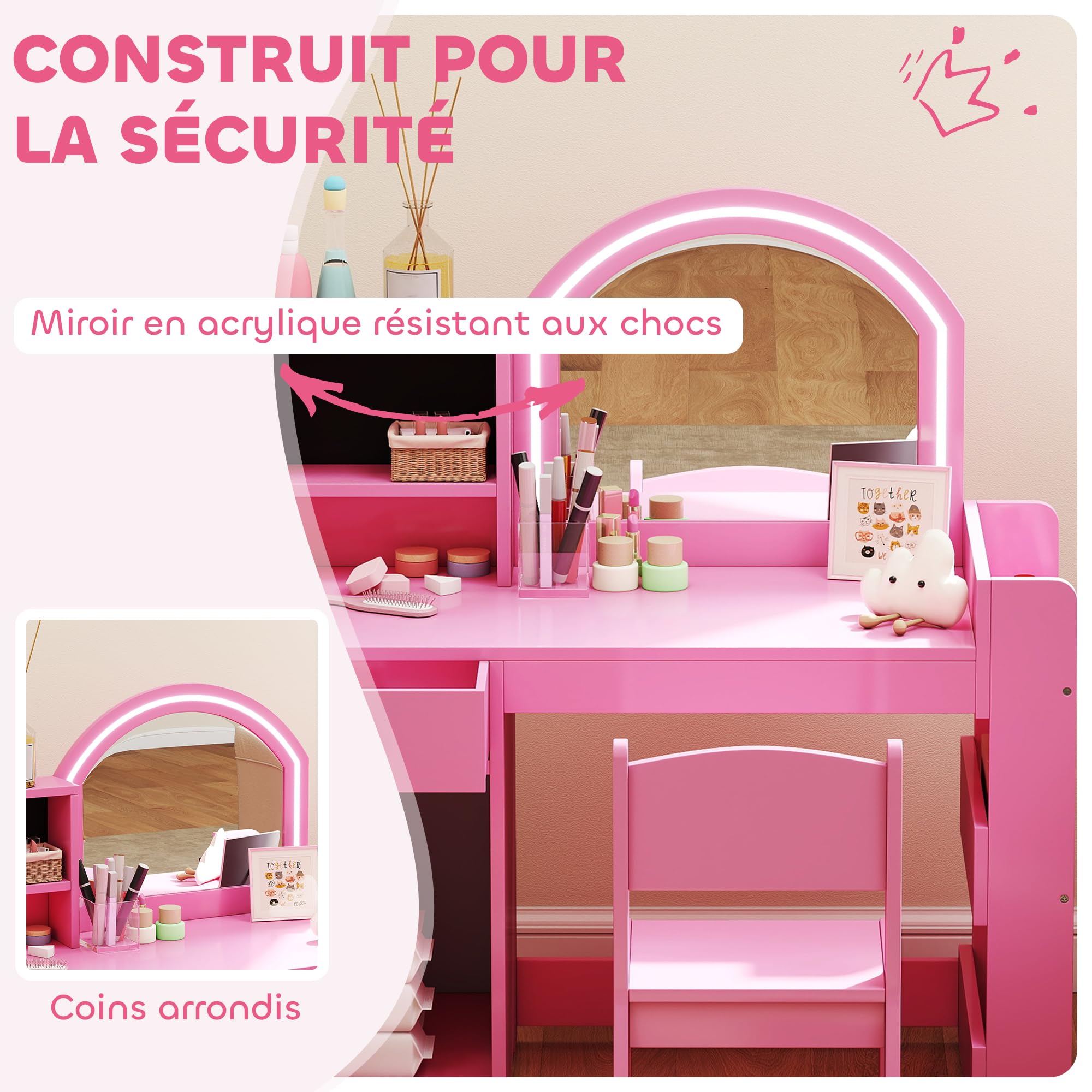 AIYAPLAY Coiffeuse pour Enfants avec Tabouret et Miroir LED, Coiffeuse Fille en Bois avec tiroir, Placard, 2 Compartiments Ouverts et 3 étagères, Table de Maquillage pour 3 à 8 Ans, Rose