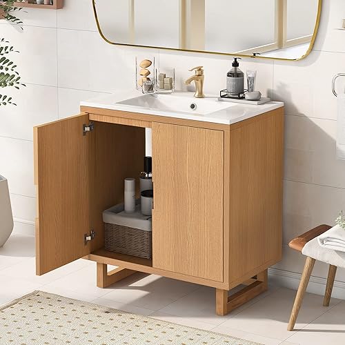 Harper & Bright Designs - Tocador de baño de 30 pulgadas con fregadero, juego de tocador de lavabo individual con 2 puertas de cierre suave,
