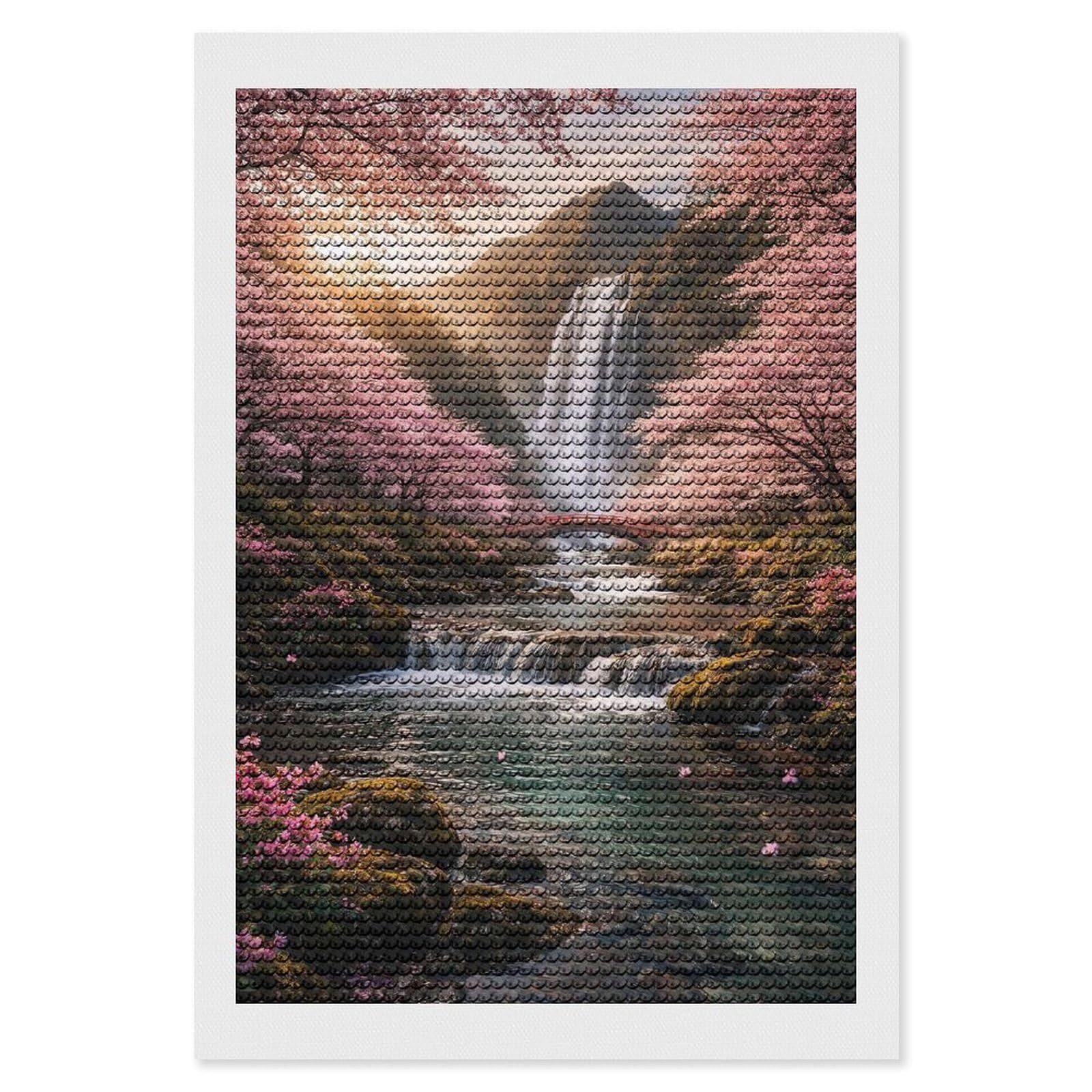 Junmoney Sakura Waterfall Landscape Round Drill Diamond Painting 8"x12", for Adults, Creative Leisure Activity, Office Decor, Holiday Gift Idea