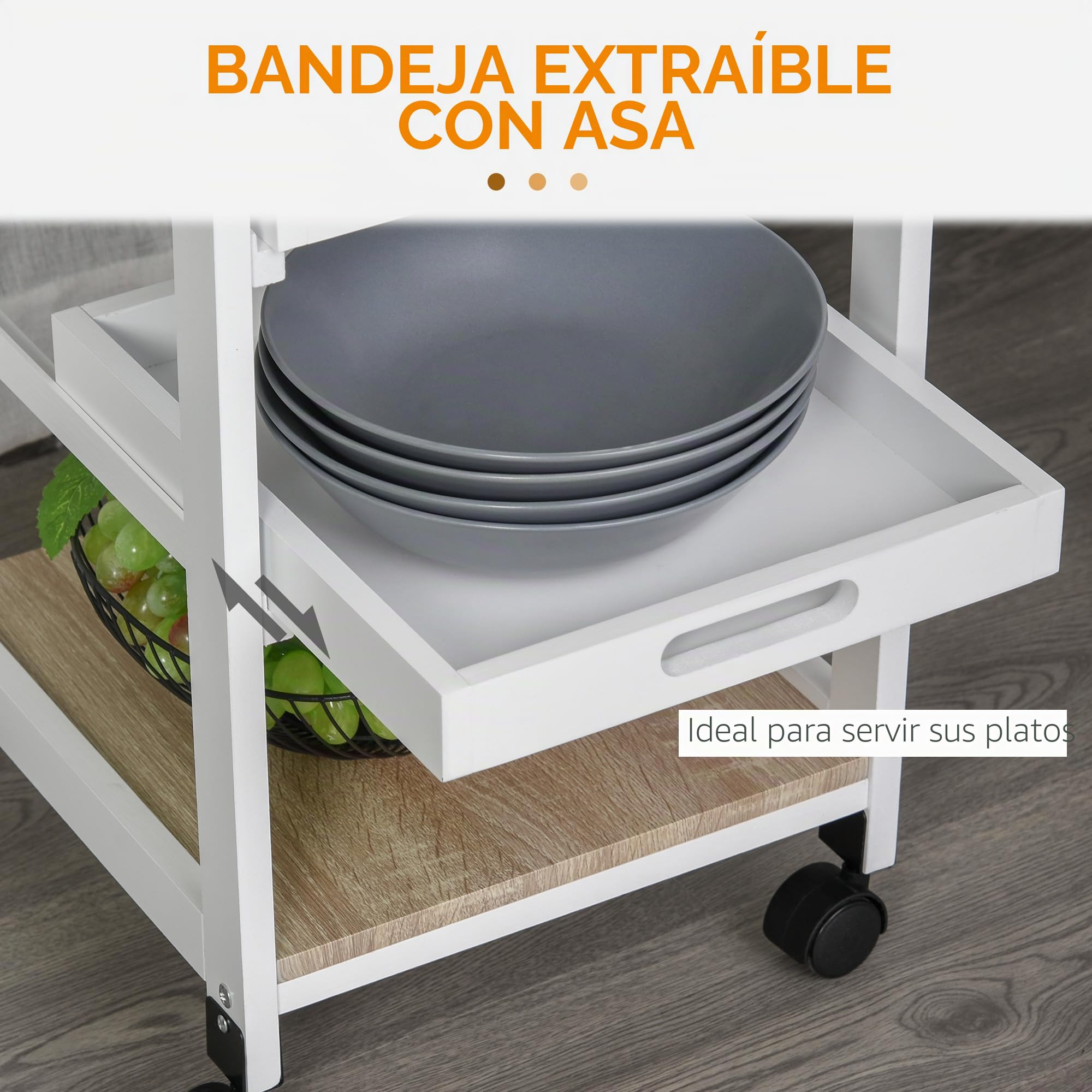 HOMCOM Carro de Servicio de Cocina con Ruedas, Cesta + 2 bandejas extraíbles, cajón, Estante MDF Roble Claro Madera Pino Blanco