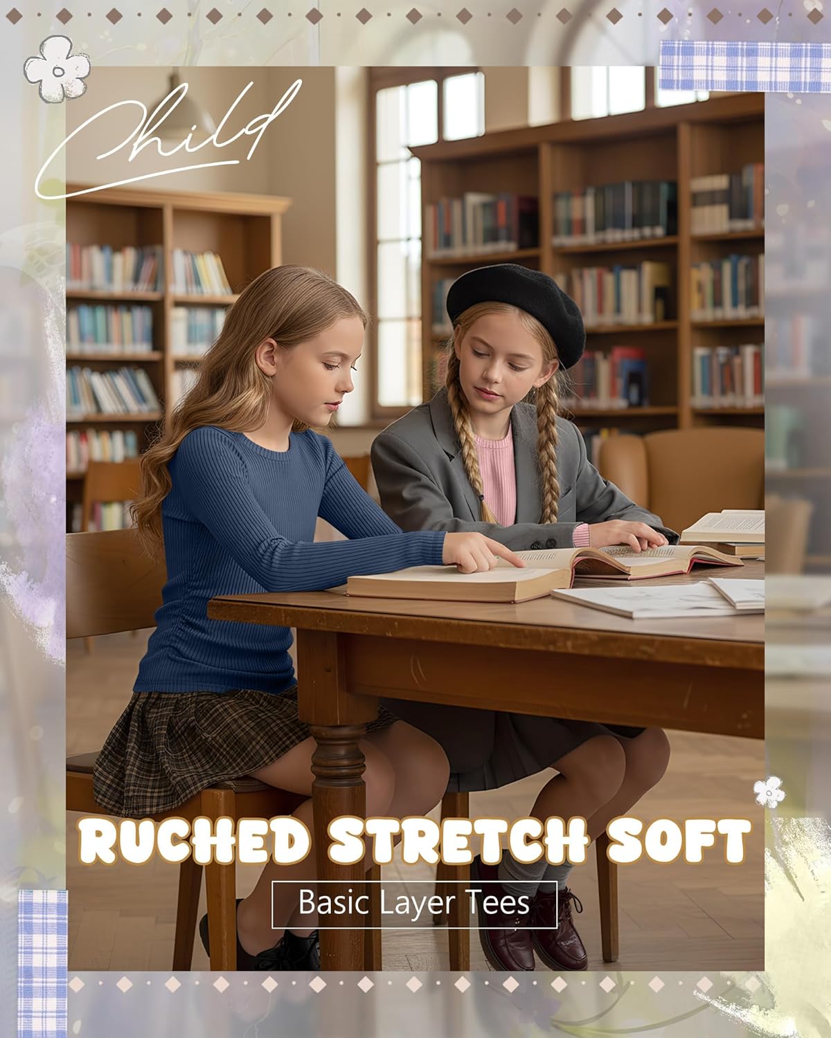 3 Pack Girls Long Sleeve Shirts Cotton Ribbed Knit Ruched Layer Tops Slim Fit Casual Undershirts Crewneck Tees - Image 5