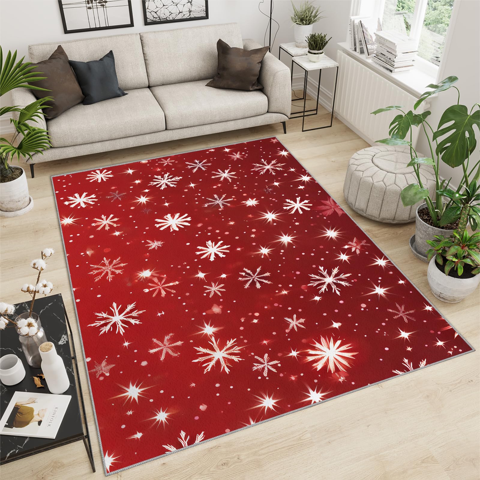 4' x 5' Rug White Snowflake Pattern Area Rug, Red Christmas Decoration Rugs for Living Room, with Anti-Slip Backing Washable Indoor Carpet for Office