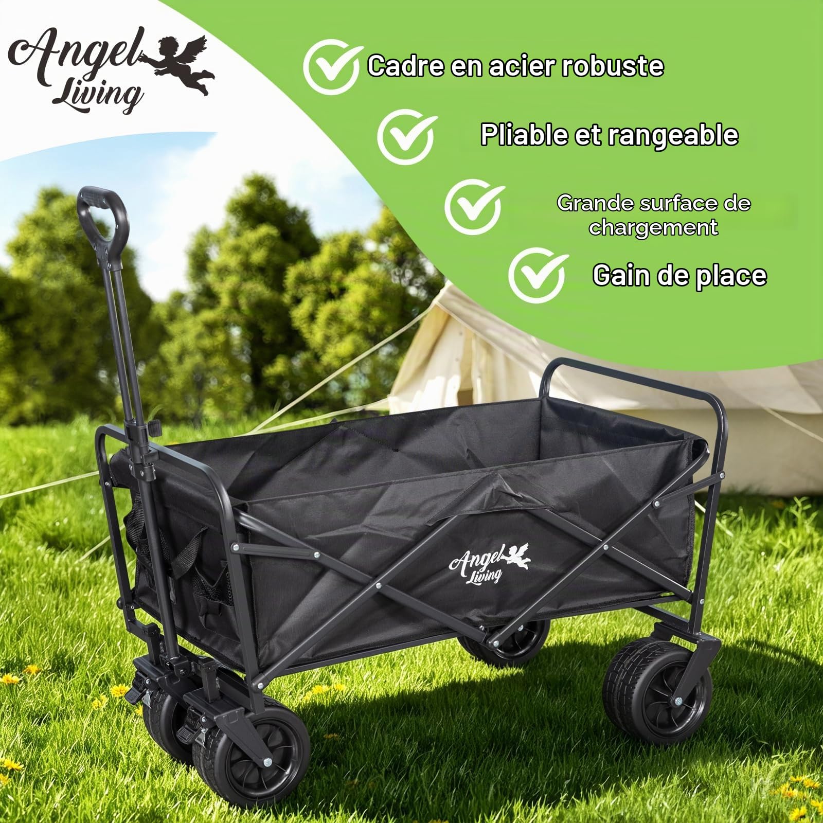 Angel Living Chariot de Transport Pliable, 300L Grande Capacité, 150kg Charge Statique, Chariot de Camping Tout Terrain avec Poignée Réglable, pour Jardin, Plage, Festival, Courses, Pique-Nique, Noir