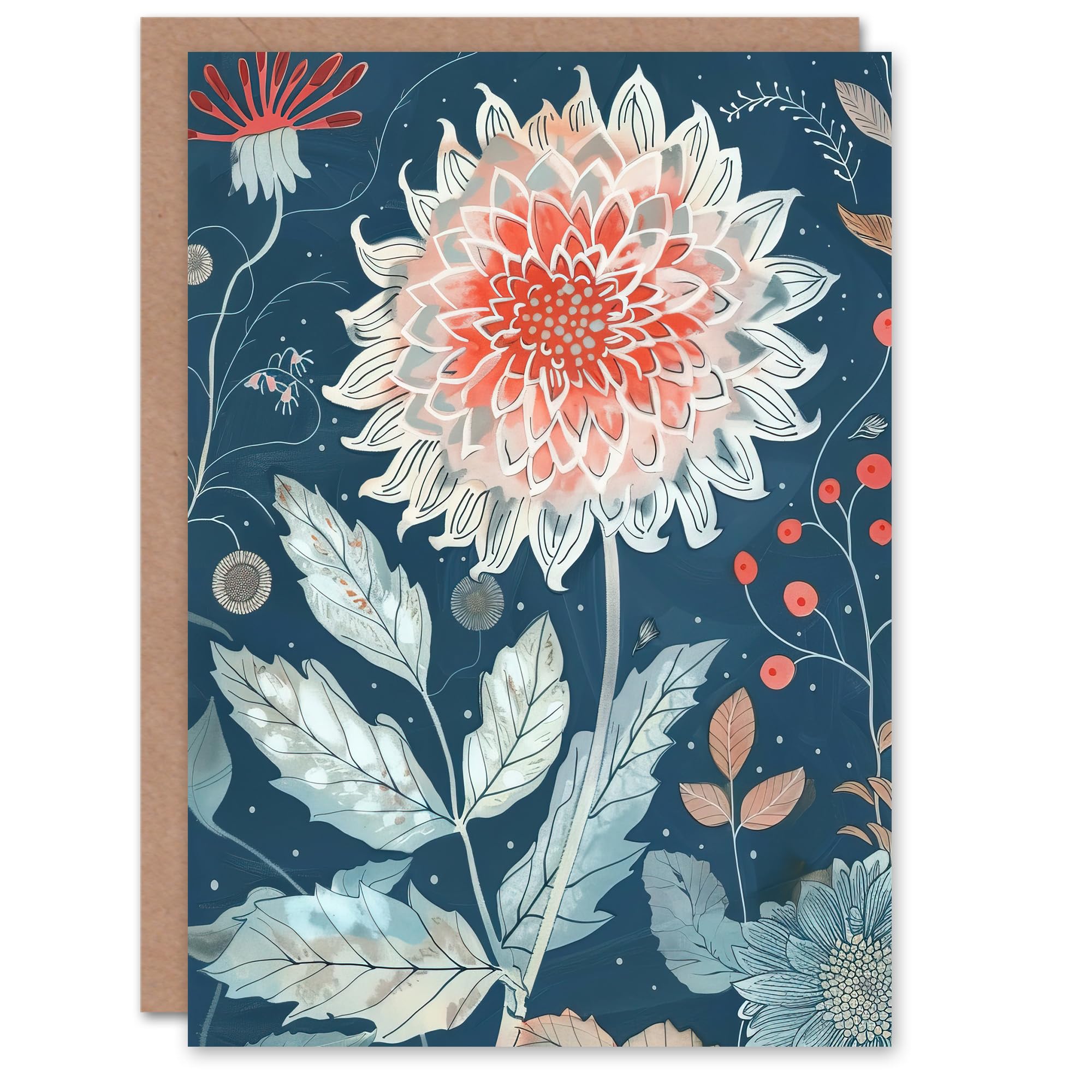 Artery8 Greeting Card Single Red Dahlia Flower Blue Botanical Artwork For Her Woman Birthday Card