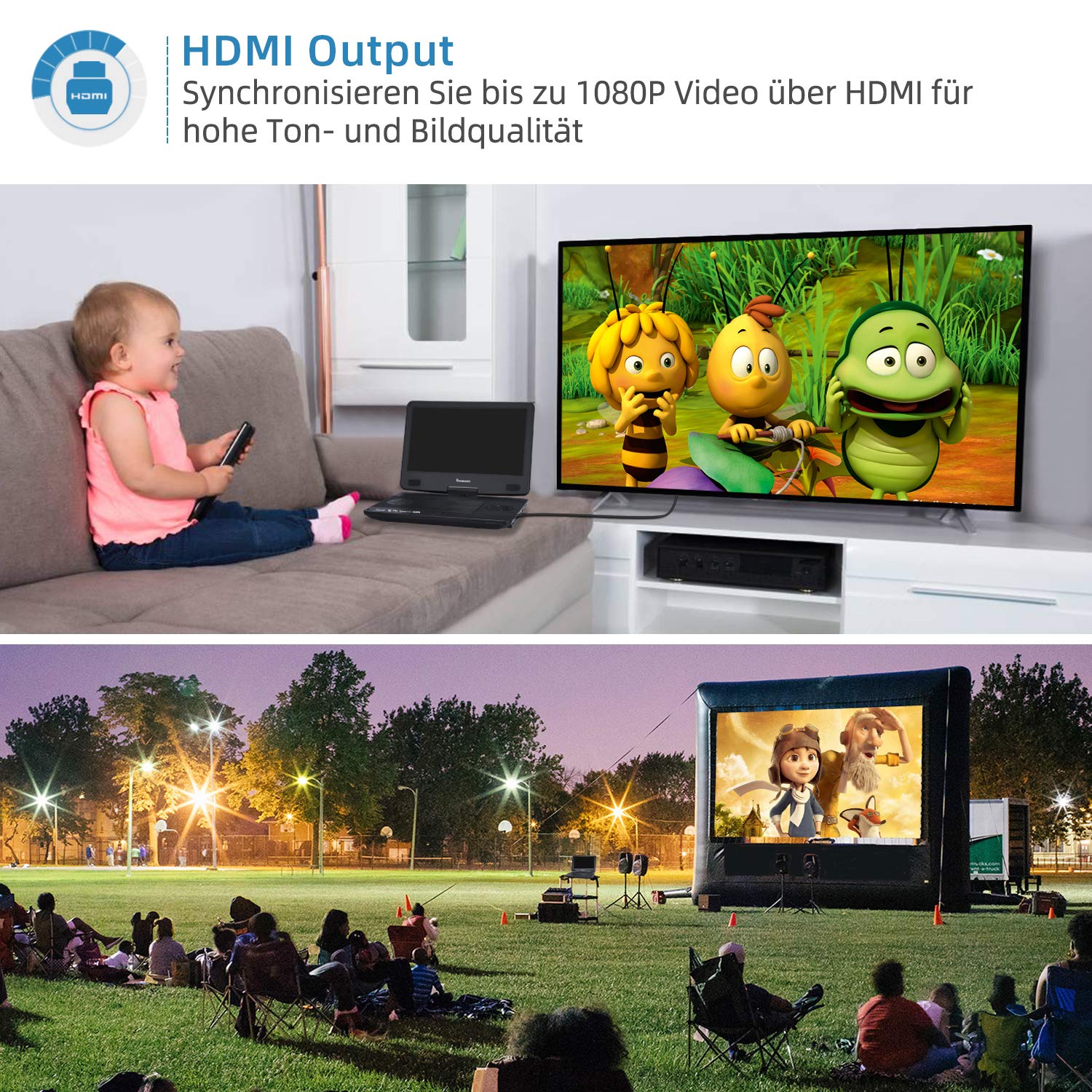 NAVISKAUTO 15,4 Zoll Tragbarer Blu Ray DVD Player Mit HDMI Kabel, 270 ° drehbar HD 1920x1080, Blue Ray Player Tragbar Inklusive wiederaufladbarem 4000 mAh Akku USB/SD