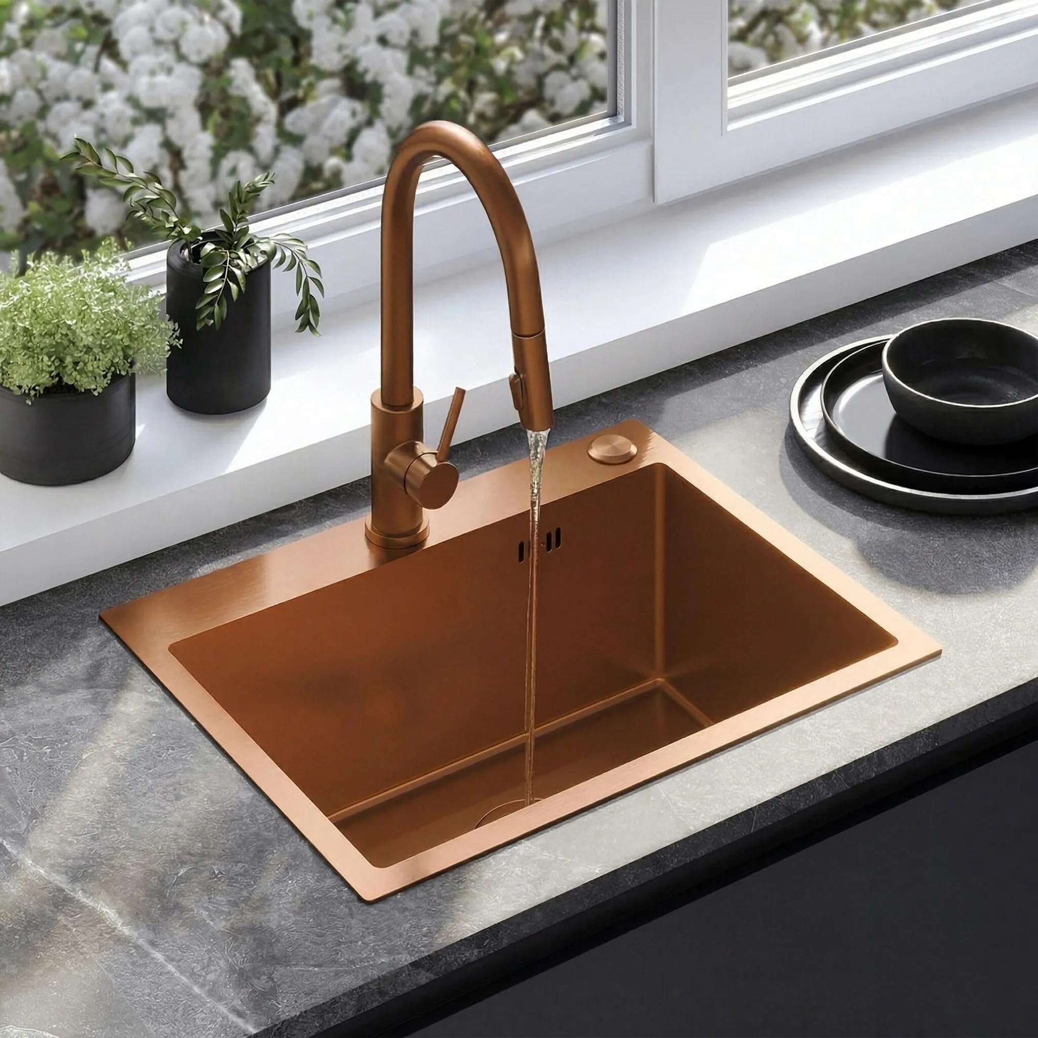 Rea- Edelstahlspüle Liam + Küchenarmatur Fresh Brush copper, Gebürstetes Kupfer